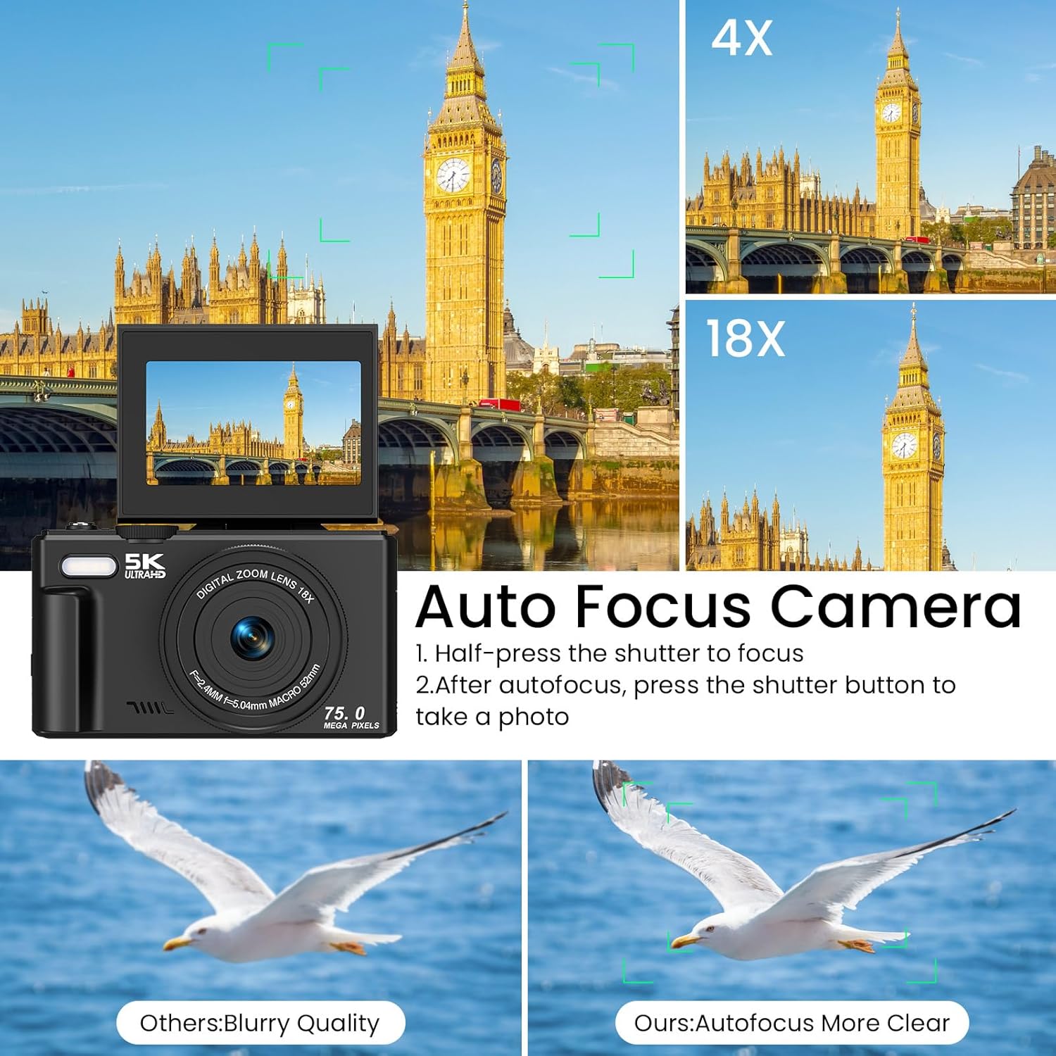 Thumbnail 3 de SOPPY 5K 75MP Digital Camera: Compact Child-Friendly Vlogging Camera with 18x Zoom and 64GB Card