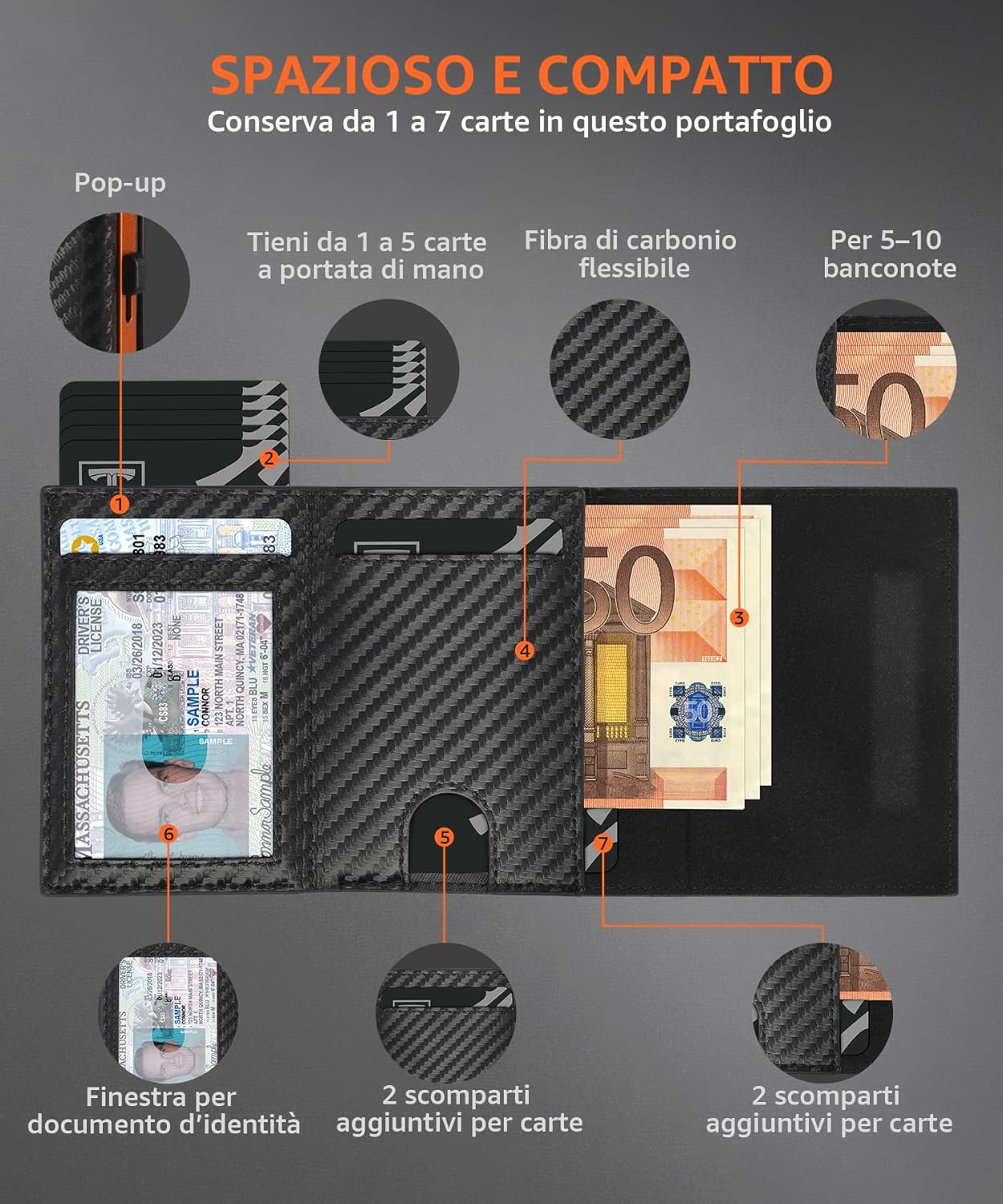 Thumbnail 2 de Portafoglio uomo TEEHON slim RFID con blocco magnetico, porta carte pop-up e tasca con cerniera