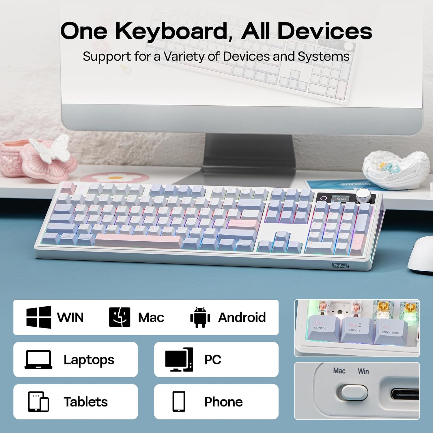 Detalle de EPOMAKER TH108 V2 PRO Full Size Mechanical Keyboard with Screen & Knob (Blue, Creamy Jade)