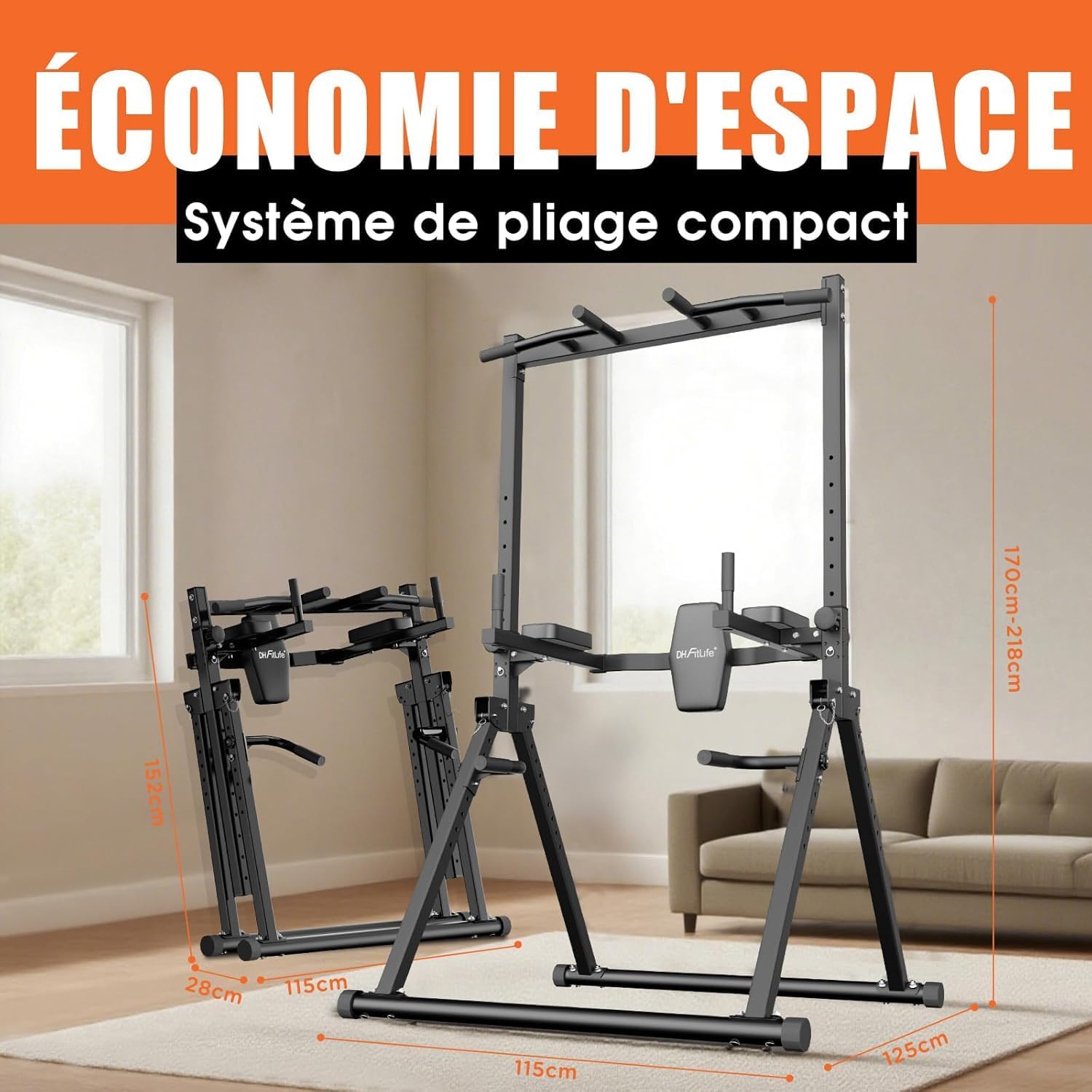 Detalle de DH FitLife Power Tower Pliable : station de dips et tractions autonome jusqu’à 210 kg