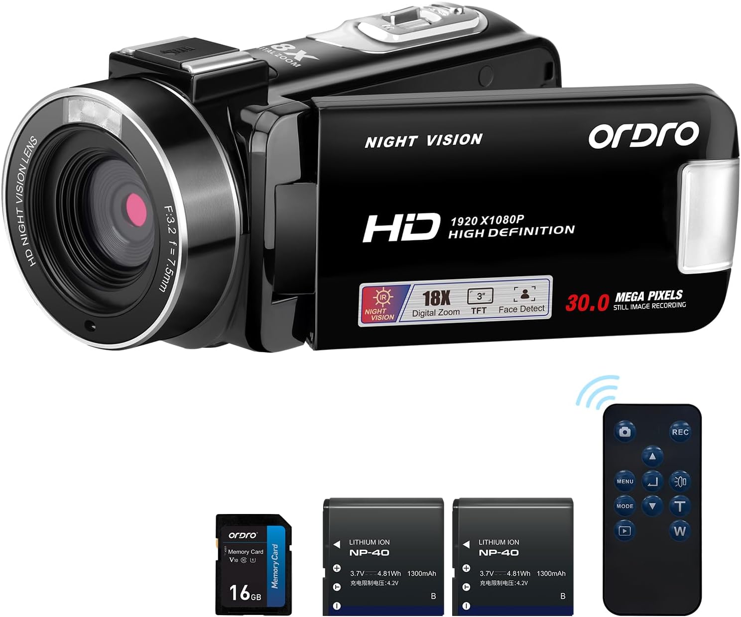 Detalle de ORDRO B320 1080P camcorder 16GB, 18× zoom