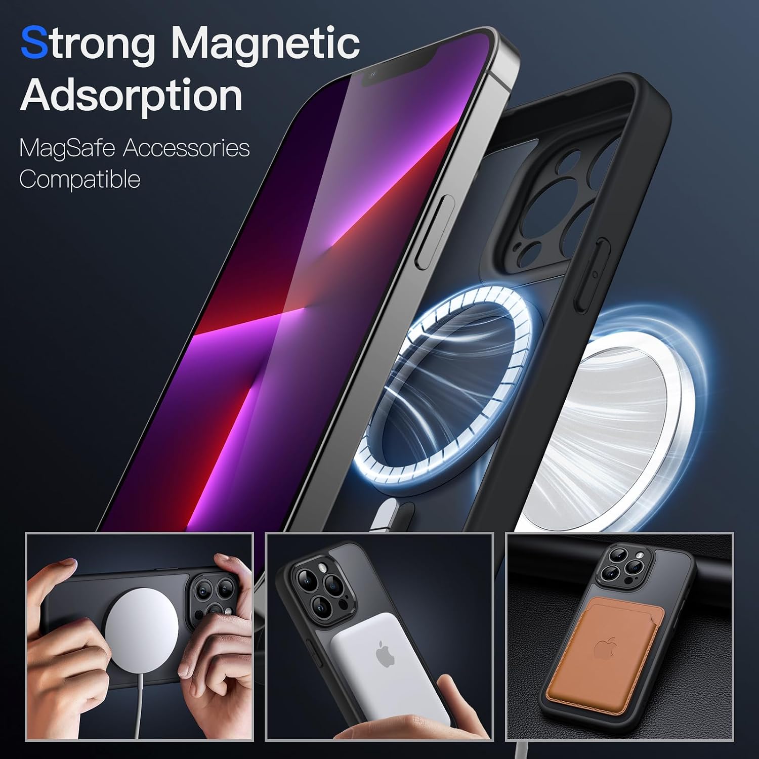 Thumbnail 2 de JETech magnetiskt skal för iPhone 13 Pro, svart med matt baksida och MagSafe