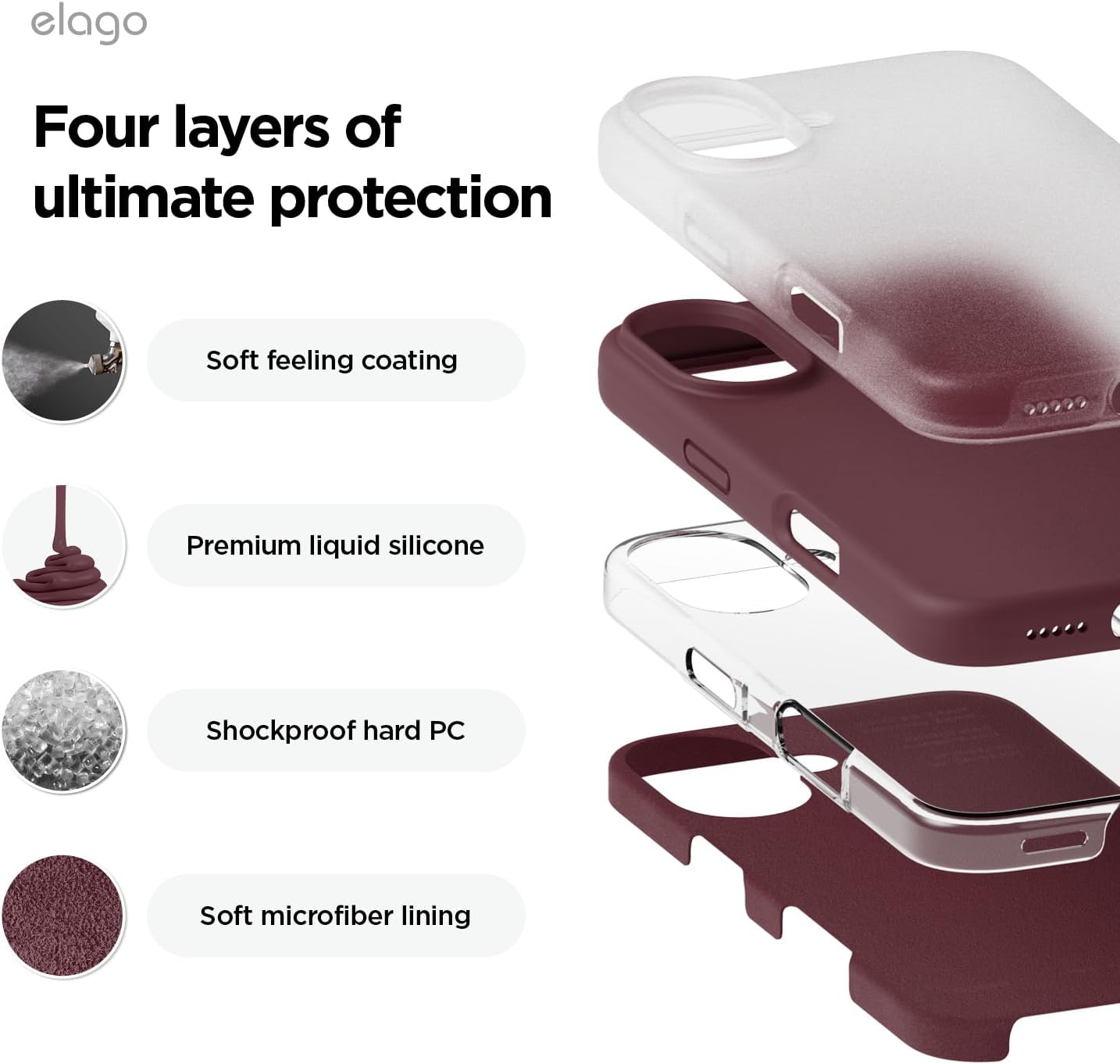 Thumbnail 3 de elago Coque Silicone Liquide Premium pour iPhone 16 – housse intégrale antichoc en silicone liquide (Bordeaux)