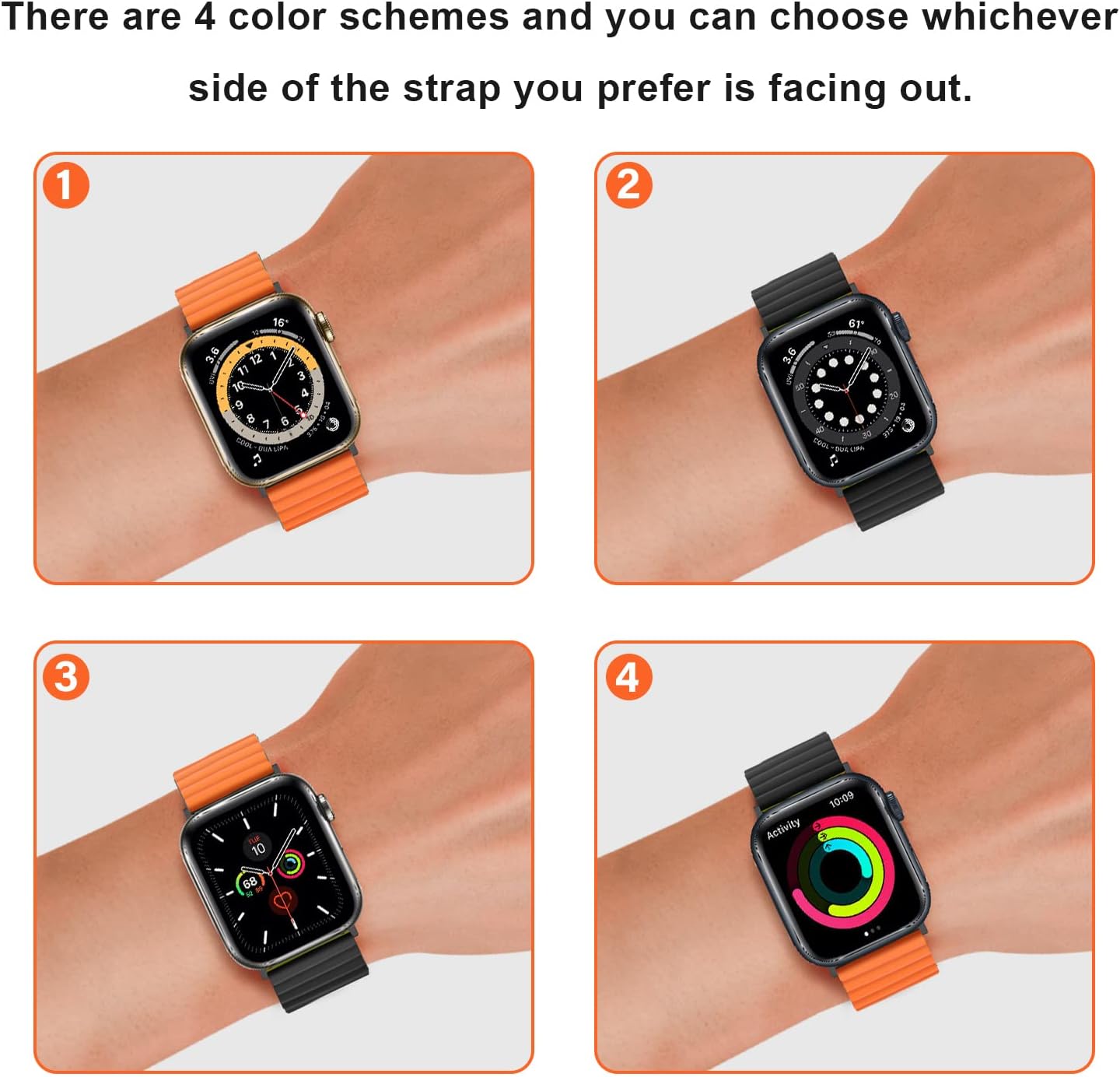 Thumbnail 4 de Anlinser Magnetic Silicone Watch Strap for Apple Watch (44–49mm): Double-Sided, Quick-Adjust, Black/Orange