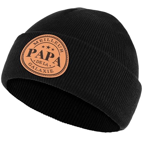 Detalle de Merclix Bonnet Noir Tricoté avec étiquette cuir – cadeau idéal pour papa