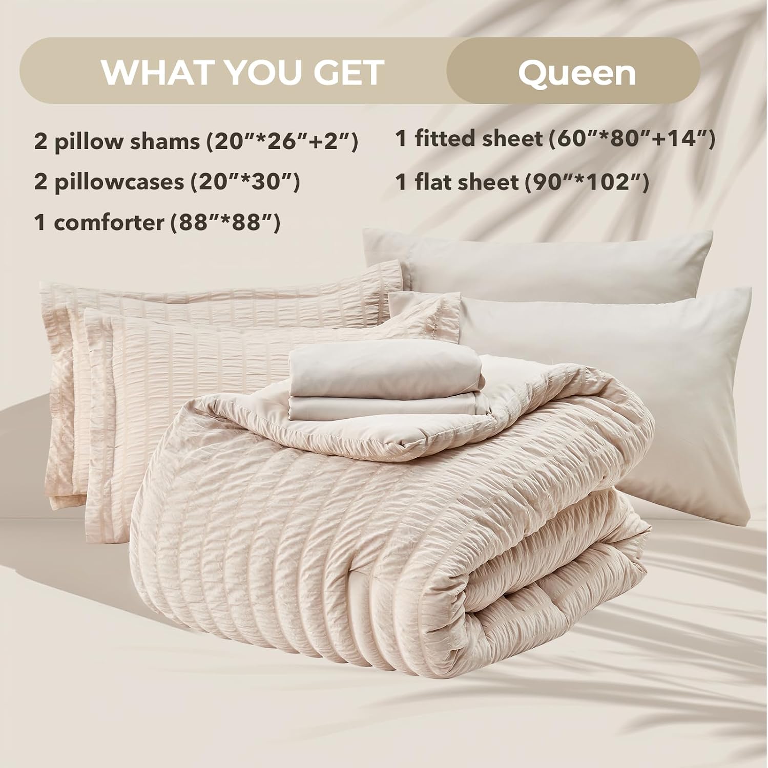 Thumbnail 5 de HYMOKEGE Beige Queen Comforter Set with Seersucker Texture – 7 Pieces