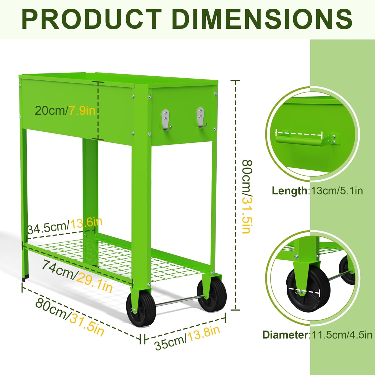 Detalle de UISEBRT Mobile Raised Bed, 56 L, 80 cm High with Wheels and Shelf