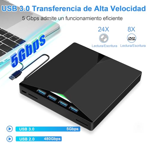 Detalle de Dictien Lector CD/DVD externo 9 en 1 para PC con USB 3.0 y USB-C portátil (CD-ROM/-RW, DVD-ROM/-RW)