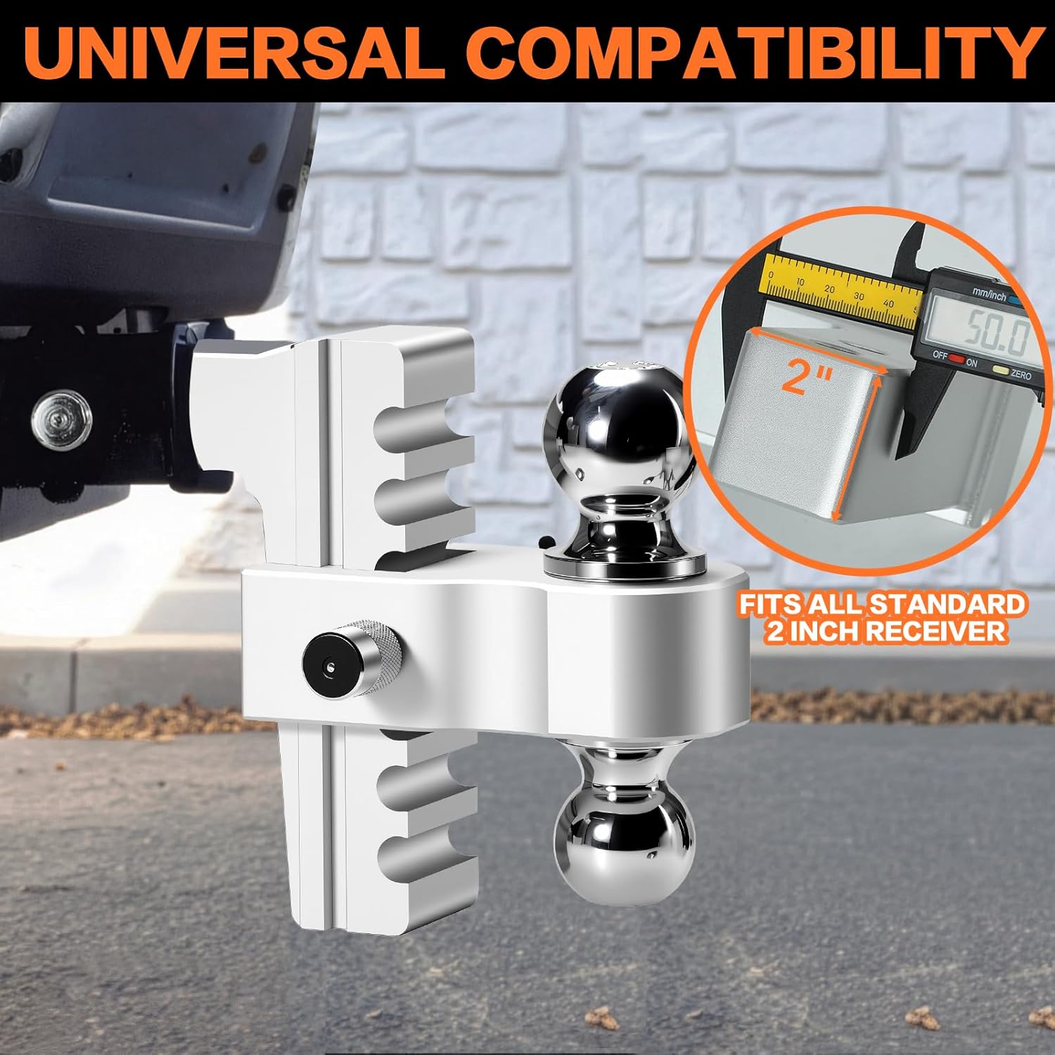 Detalle de Aircraft Aluminum Adjustable Trailer Hitch for 2-Inch Receiver — 6" Drop/Rise, Dual Ball (2" and 2-5/16"), 12,500 LBS Capacity