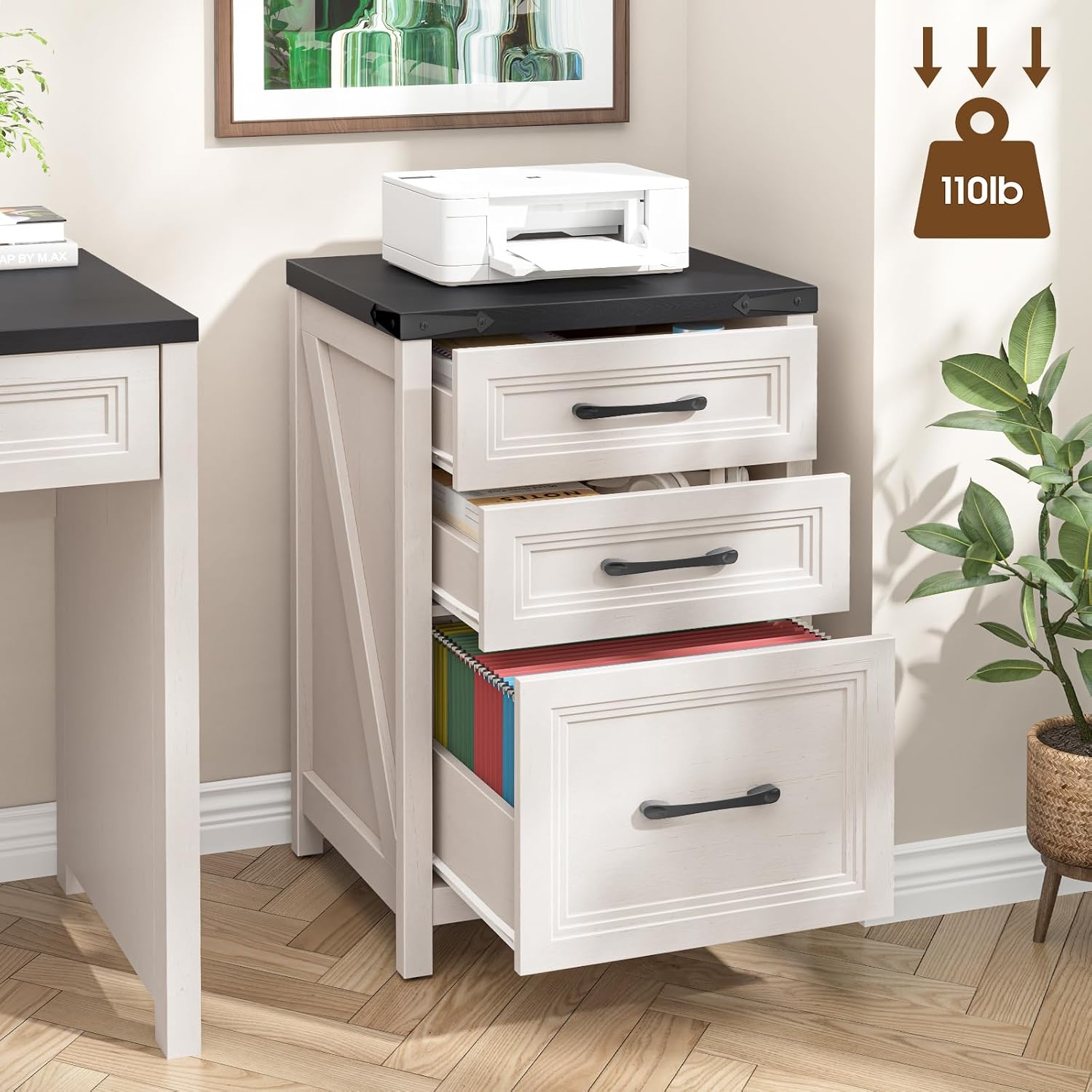 Detalle de Vabches DA0882HB01A 3-Drawer File Cabinet, White and Black Farmhouse Style