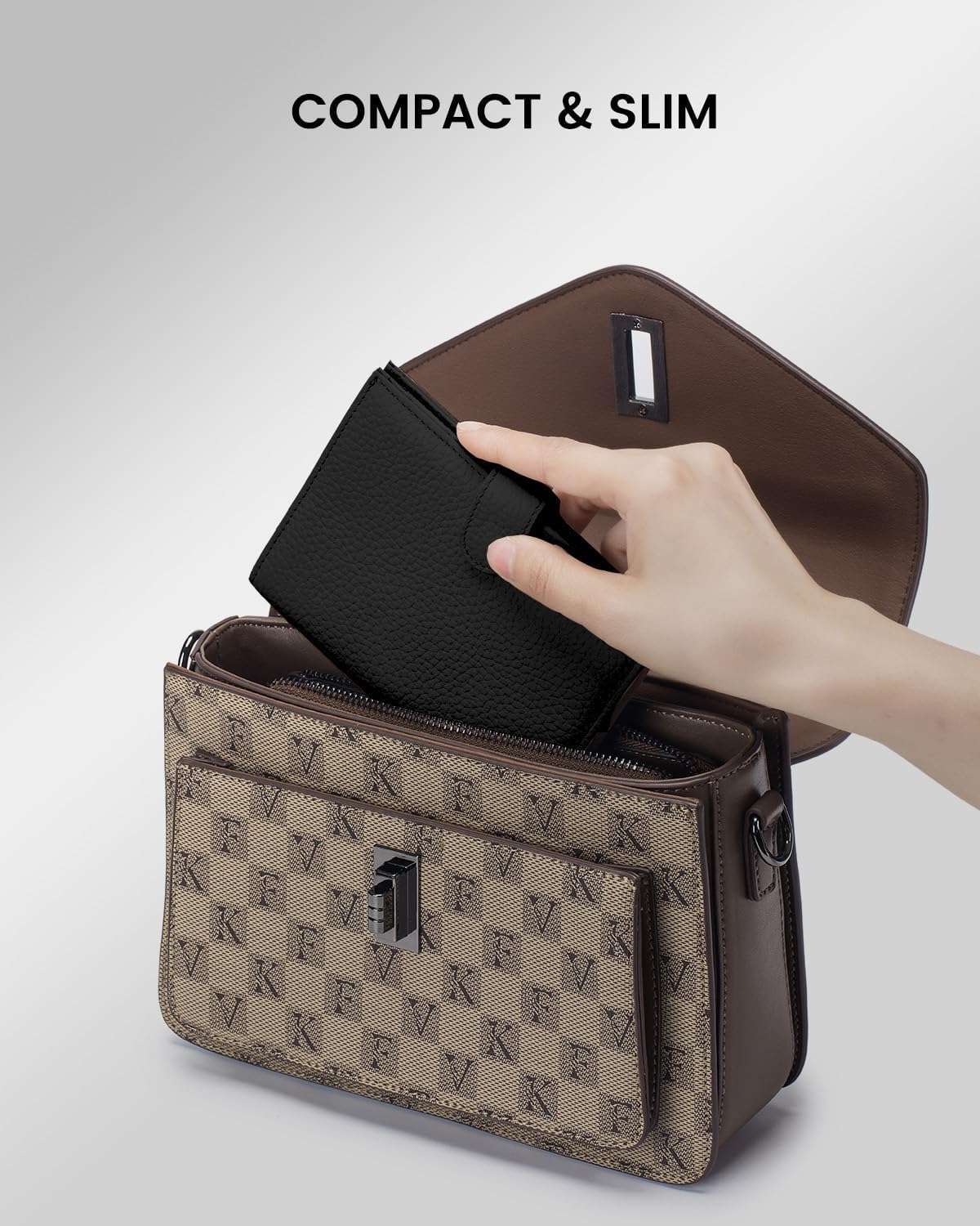 Detalle de Portefeuille porte-passeport mince en cuir RFID avec porte-cartes et poche zippée – Noir