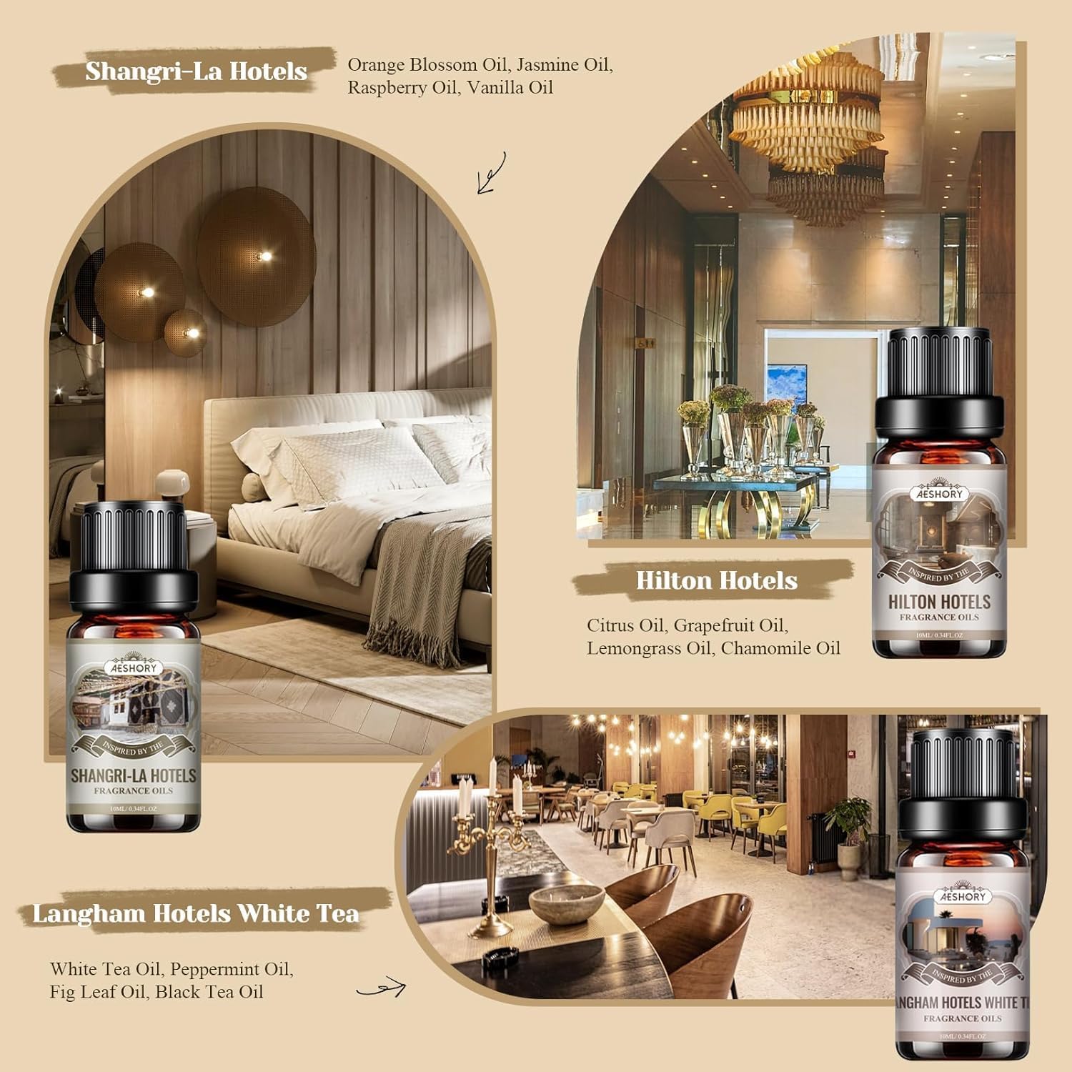Detalle de AESHORY 6 x 10ml Hotel Essential Oils Set for Diffusers, Humidifiers & DIY (Fancy hotel-inspired scents)