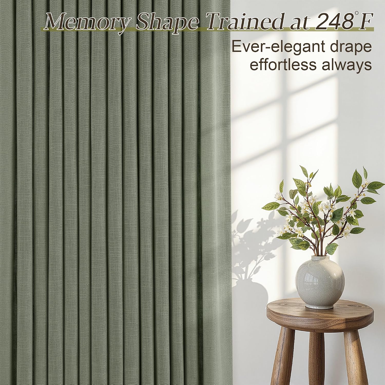 Detalle de COMON HOME Sage Green Pinch Pleated Linen Curtain (102 Inches) with Rings, Hooks, Clips, Back Tab – Light Filtering, Boho Farmhouse Style