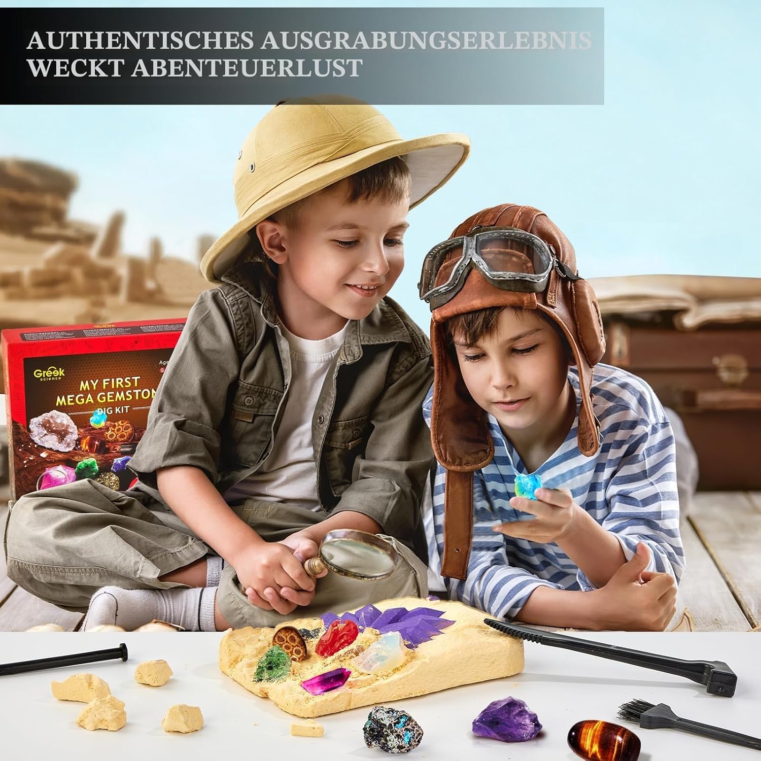 Detalle 2 de Greek Science „Mein erstes Mega“ Ausgrabungsset mit 15 echten Kristallen & Edelsteinen für Kinder