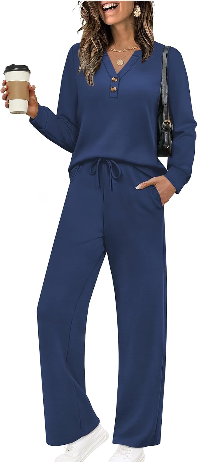 Detalle 2 de WIHOLL Two-Piece Lounge Set for Women, Long-Sleeve Top & Wide-Leg Pants, XS–2XL