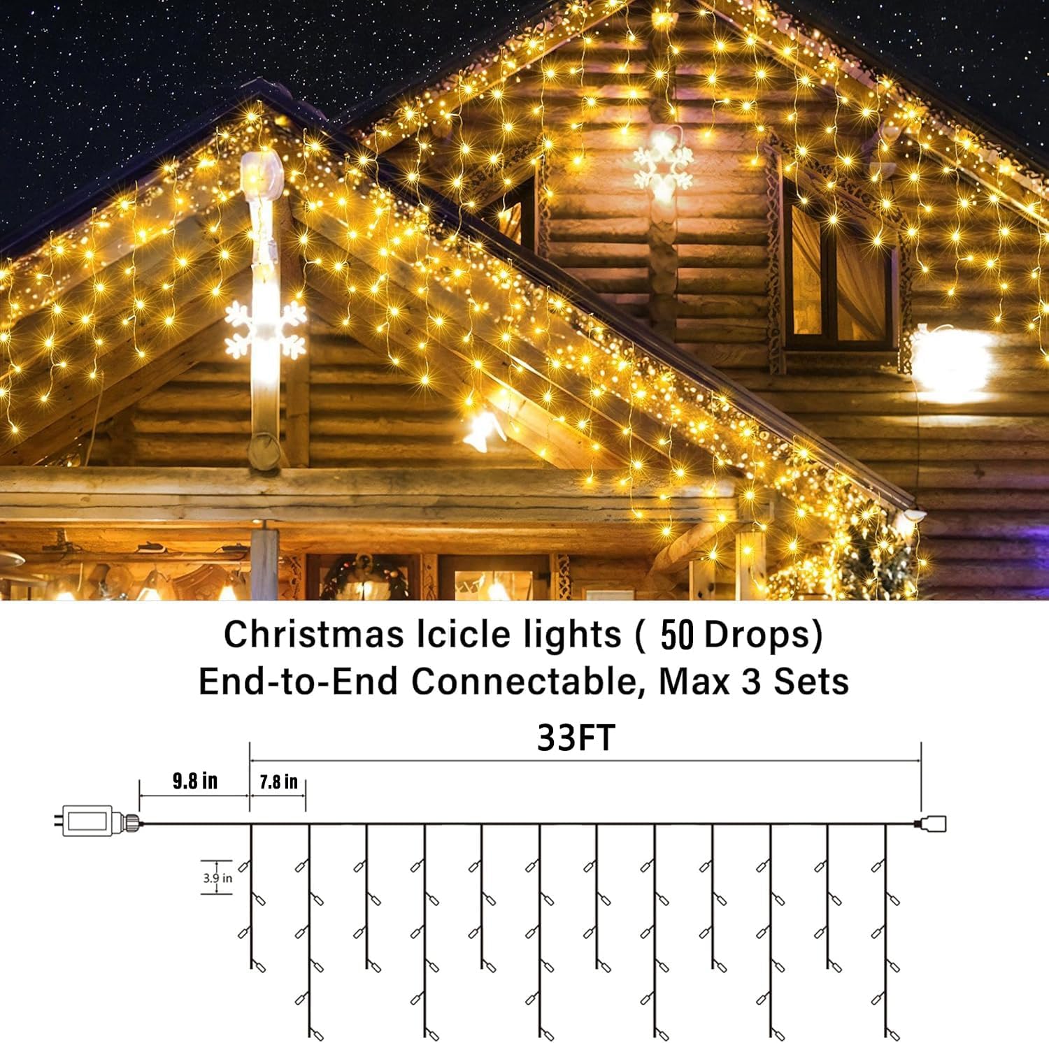 Detalle de Joomer SSL0200-I-24V Christmas Icicle Lights, 33 ft Warm White, 50 Drops