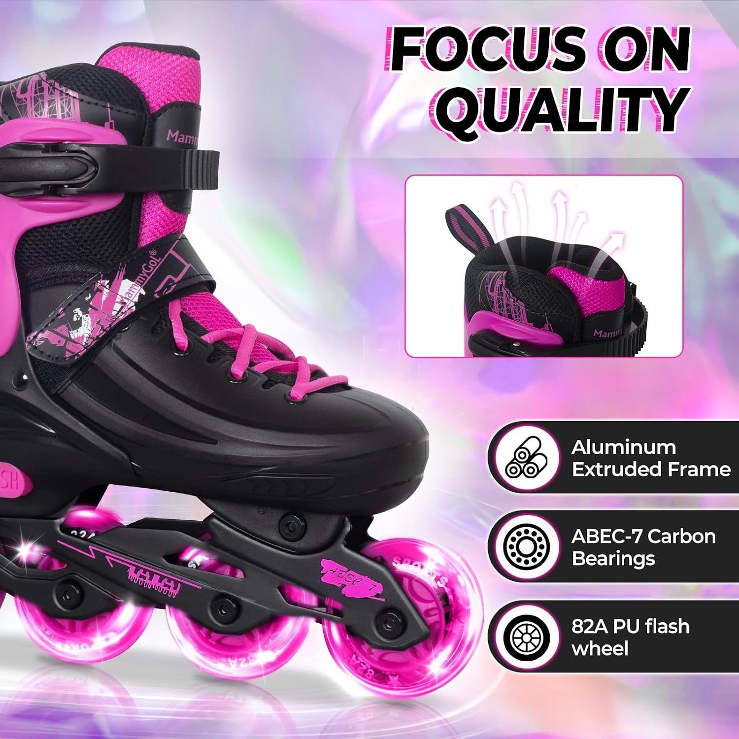 Detalle de MammyGol Adjustable Inline Skates for Kids, Youths, and Adults — Light-Up Wheels, All-Weather Indoor/Outdoor
