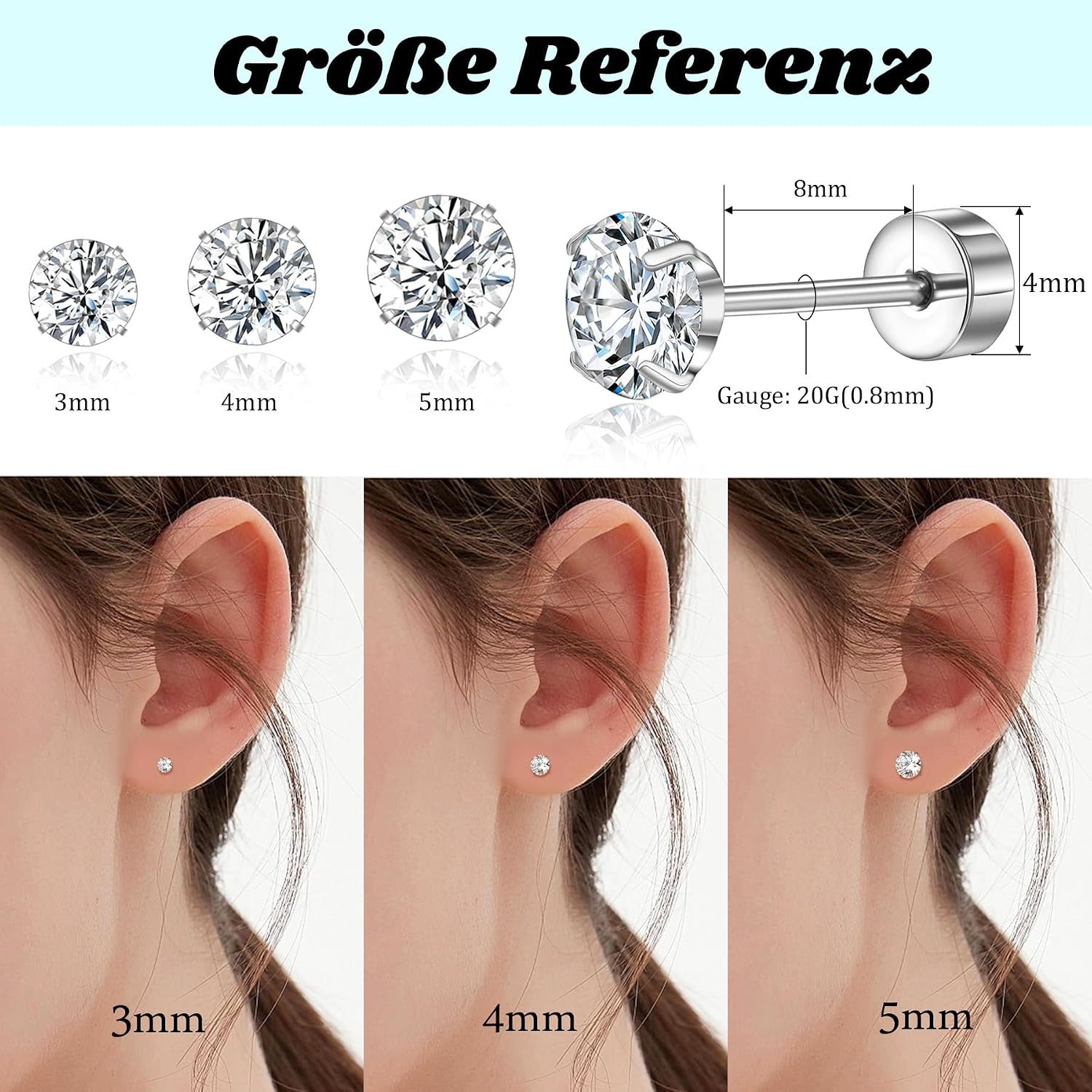 Detalle de Titan Ohrstecker Hypoallergen G23 mit Schraubverschluss und Zirkonia (3/4/5 mm)