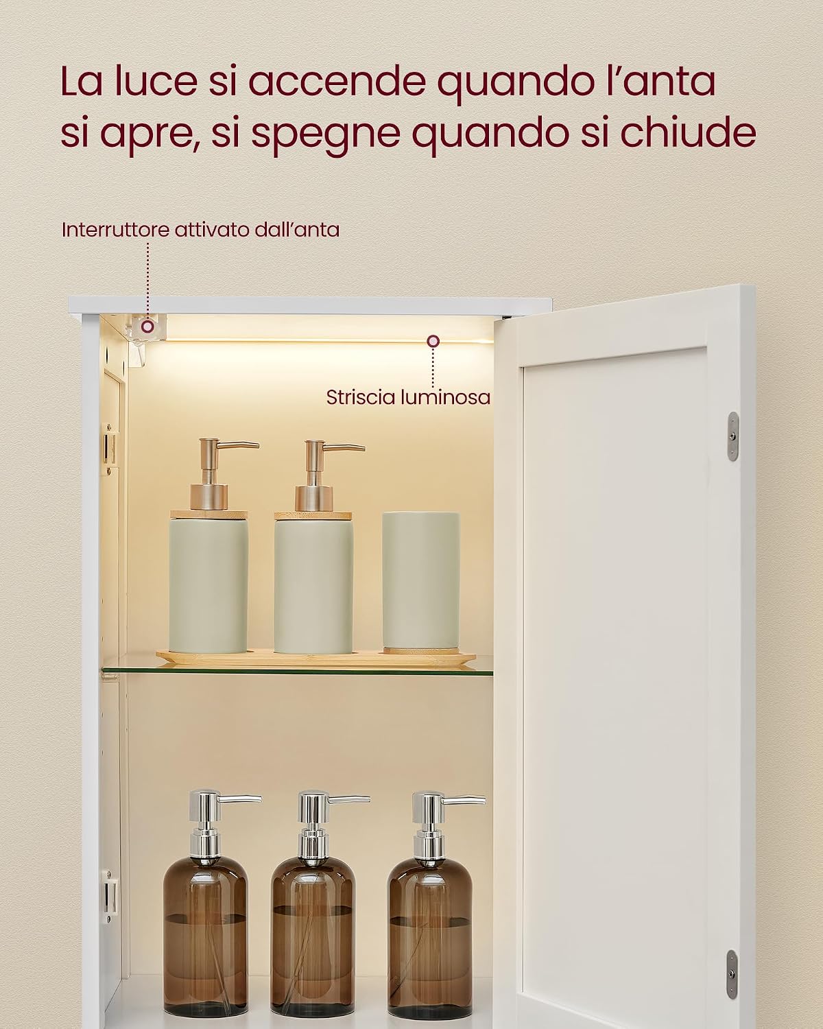 Detalle de VASAGLE Mobile da Bagno con Luce BBC766WH03 — Mobiletto salvaspazio con ripiani regolabili
