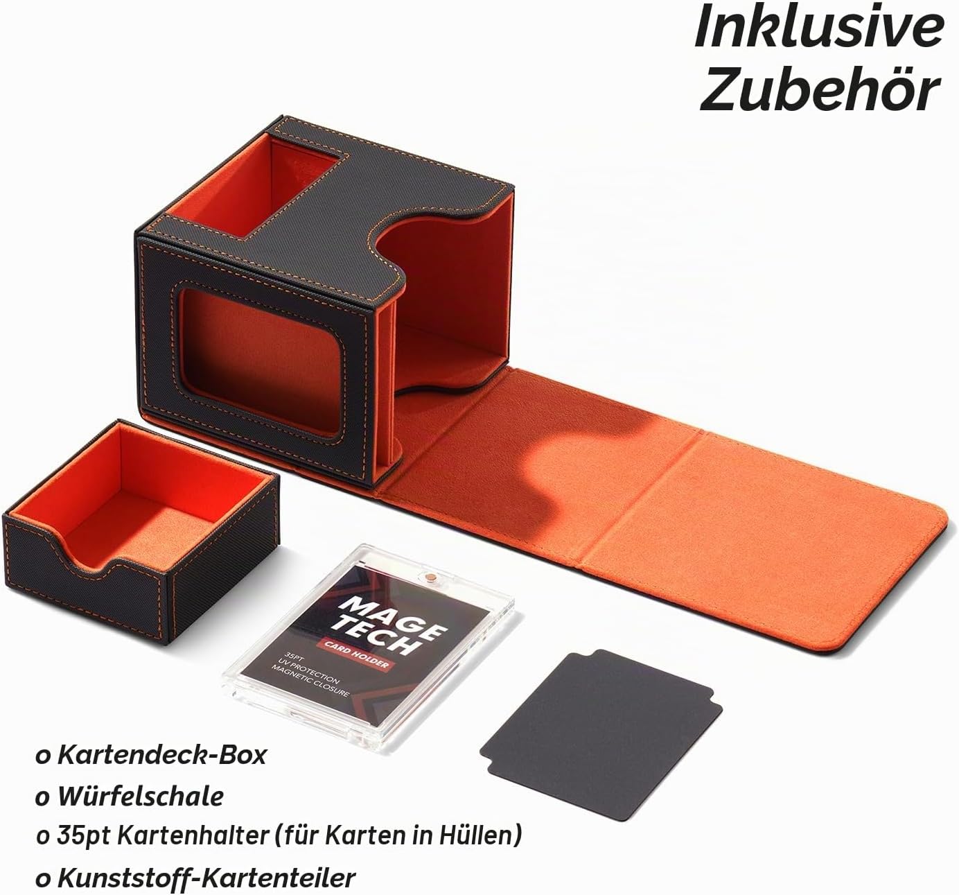 Detalle 2 de Mage Tech Commander Deckbox für MTG – Patentiertes Display-Design, 100 Kartenkapazität, 35pt Magnethalter und Würfelschale (Grau/Orange)
