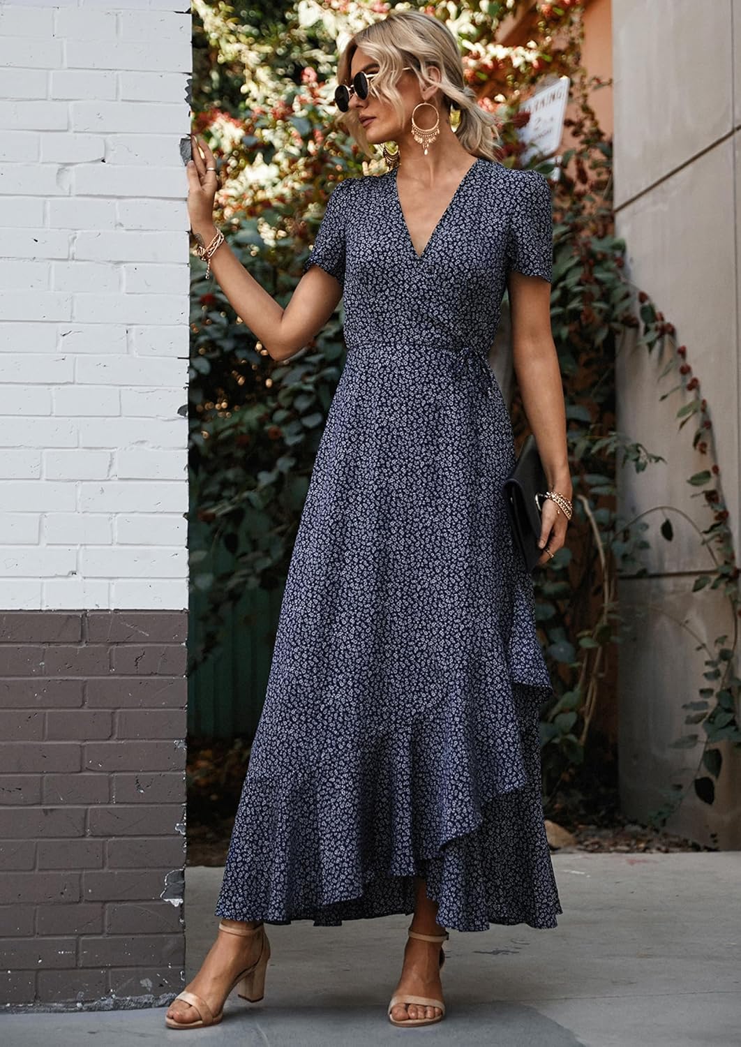 Thumbnail 5 de PRETTYGARDEN Women's Boho Floral Maxi Dress with V-Neck Wrap — Short Sleeves, Flowing Beach Maxi