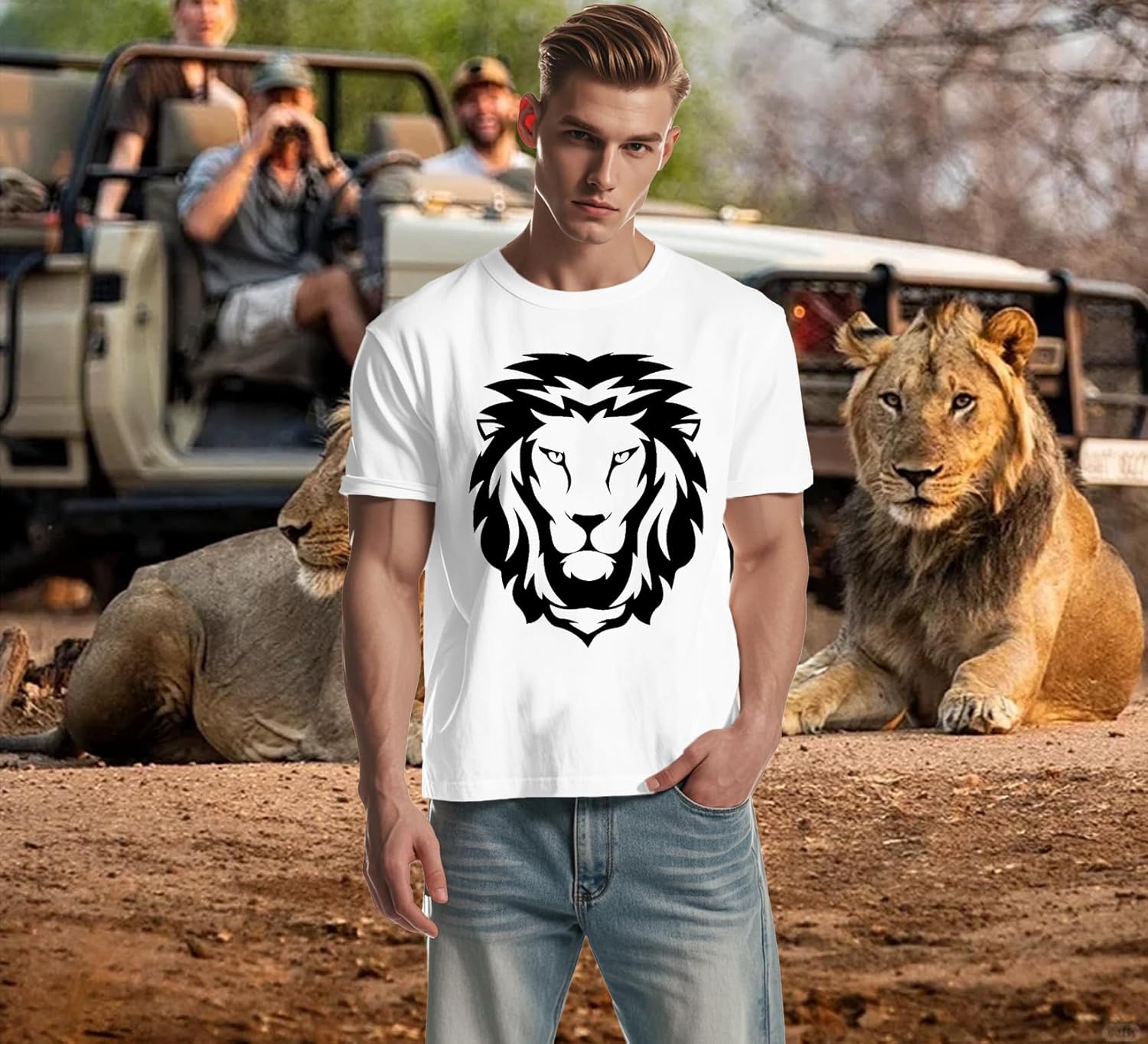 Thumbnail 2 de Qskall Mens Lion Face T Shirt Africa Lions Print T-Shirts Tee Top