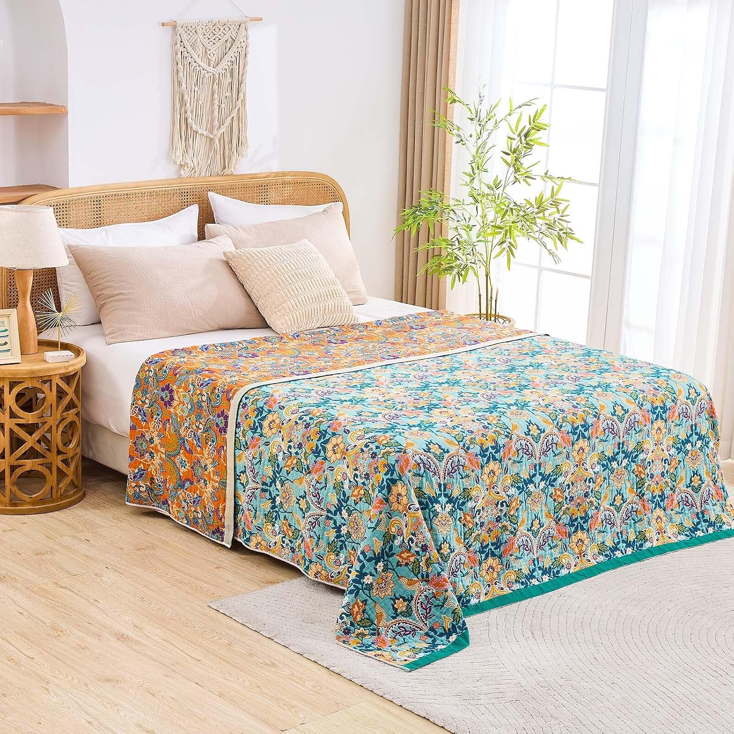 Thumbnail 6 de XIBLC Boho Blanket Throw Quilt — 90" x 98", 100% Cotton, Reversible Bohemian Farmhouse Style