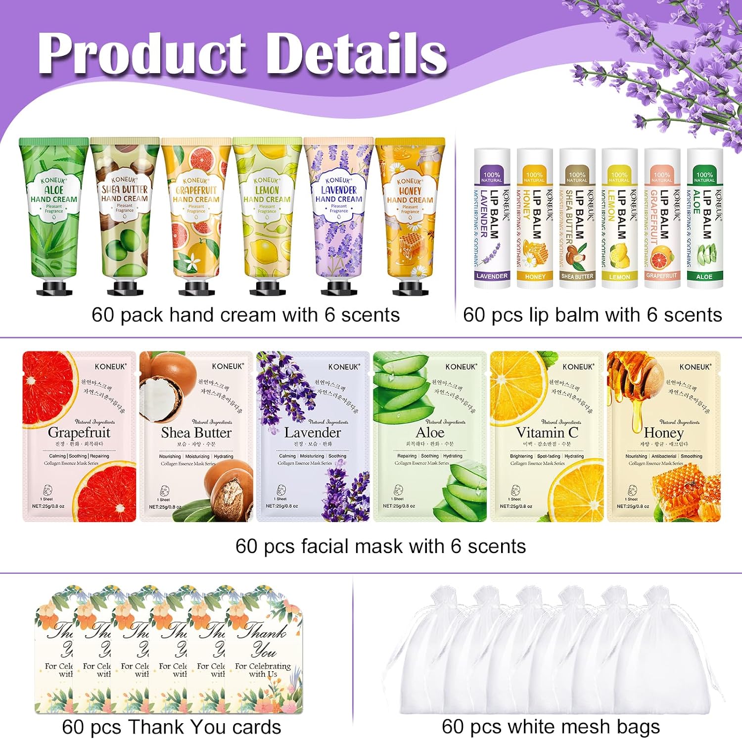 Detalle 2 de 60 Pack Bulk Lip Balm, Facial Mask & Hand Cream Sets for Easter Baskets, Teacher Appreciation, and Bridesmaid Gifts