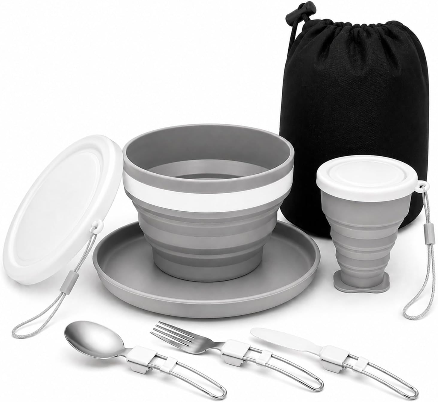 Detalle de 6 in 1 Foldable Camping Mess Kit with Stainless Steel Cutlery – Portable Outdoor Dining Set