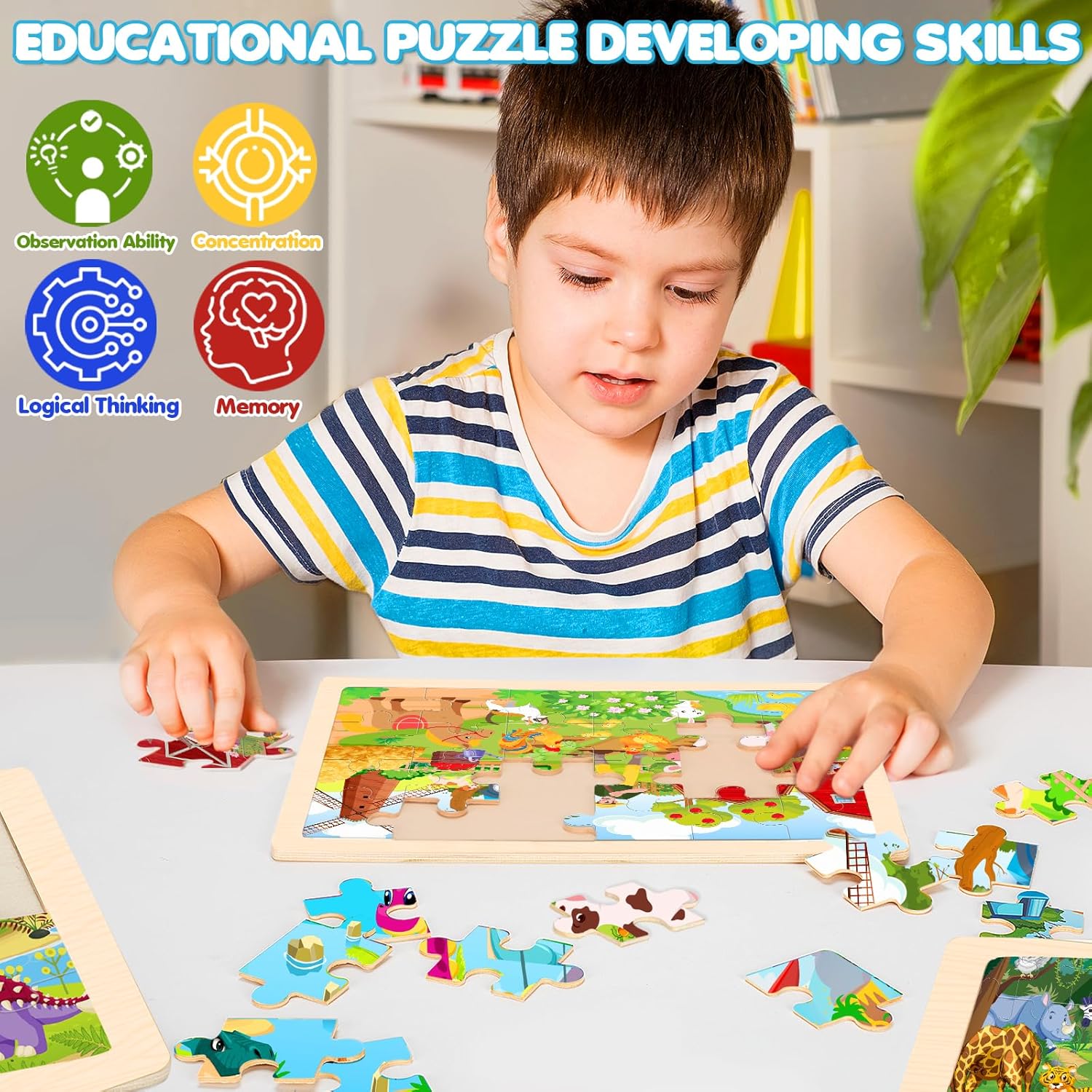 Detalle 2 de Wooden Animals Jigsaw Puzzles for Kids (Ages 3-6), 4 Packs with 24 Pieces Each
