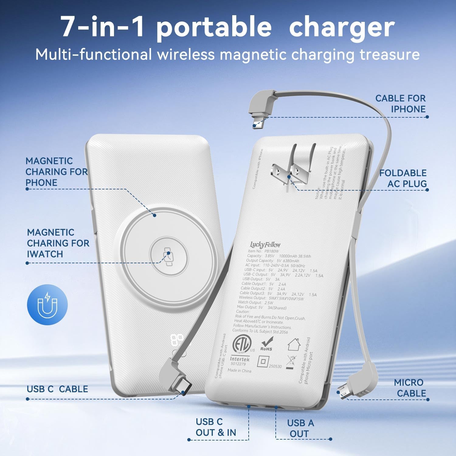 Detalle de LUCKYFELLOW PB180W 10,000mAh Wireless Power Bank with Built-In Cables and AC Plug
