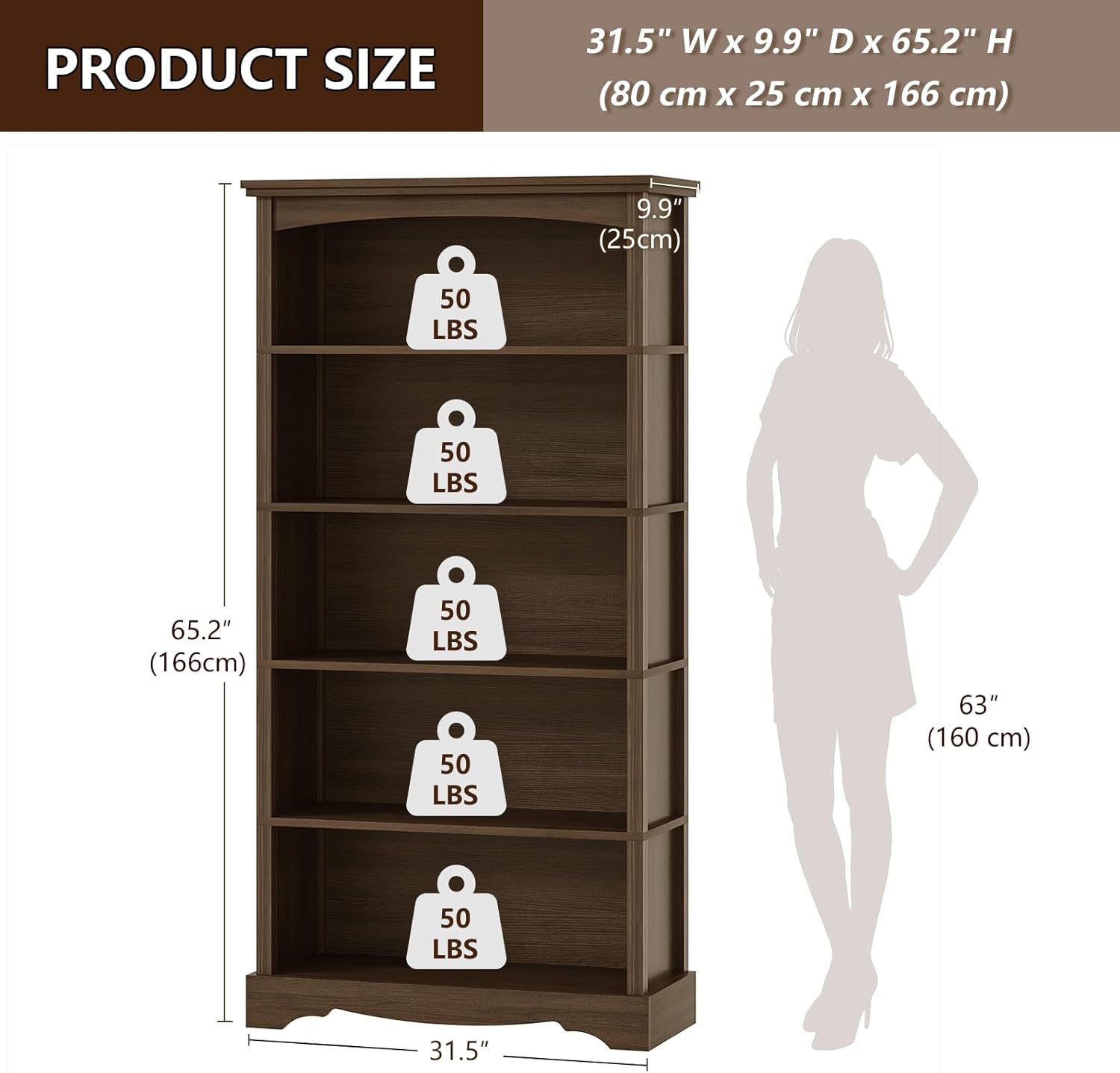 Thumbnail 1 de TVU 5-Tier Wooden Bookshelf (Brown) – Tall, Sturdy Floor-Standing Display with 5 Shelves