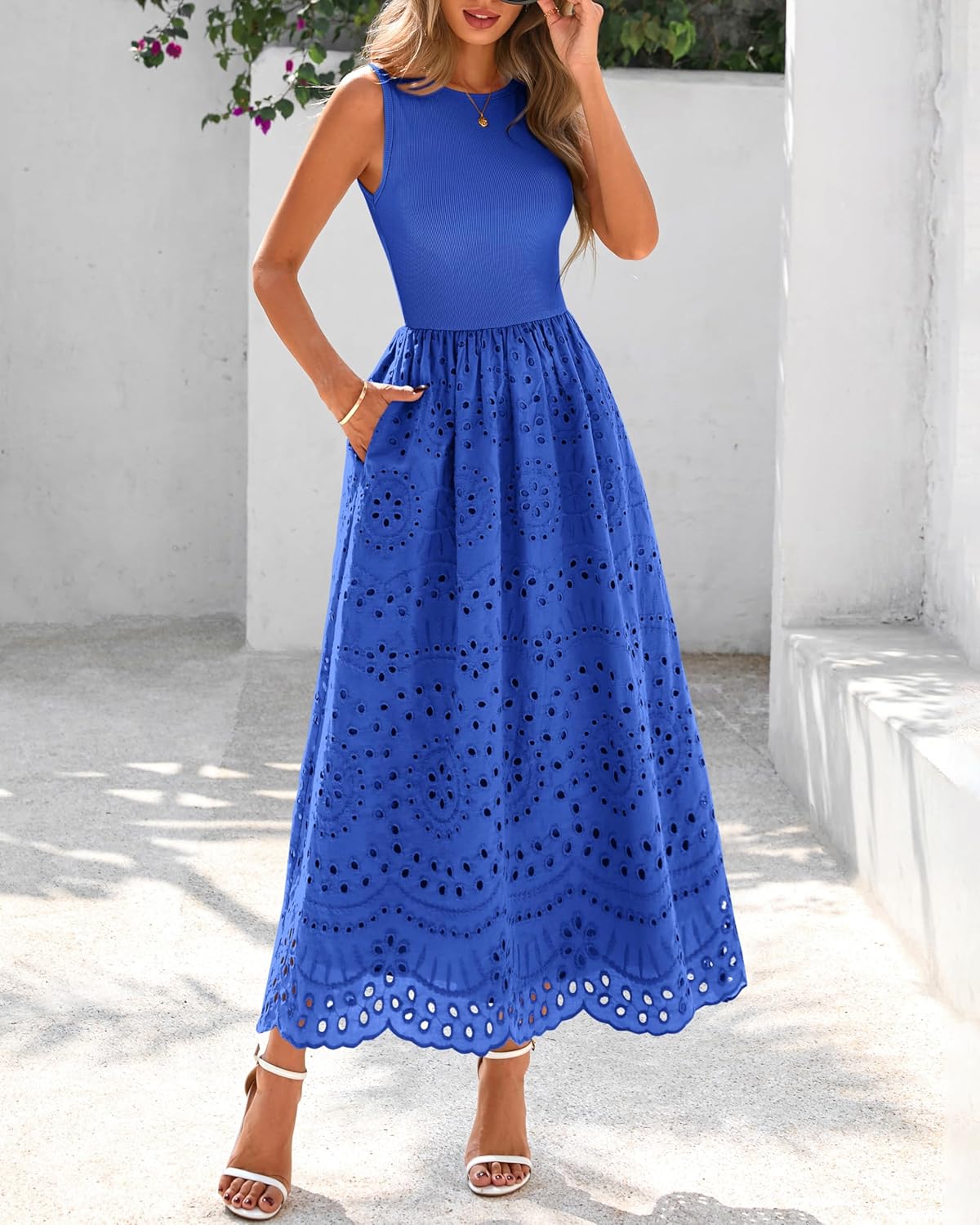 Thumbnail 1 de dowerme Women’s Boho Lace Eyelet Cotton Tank Maxi Dress with Pockets