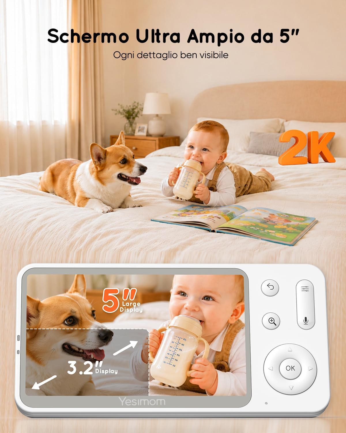 Thumbnail 1 de YESIMOM Baby Monitor versione aggiornata 2K con schermo IPS da 5" e controllo app, PTZ 360°