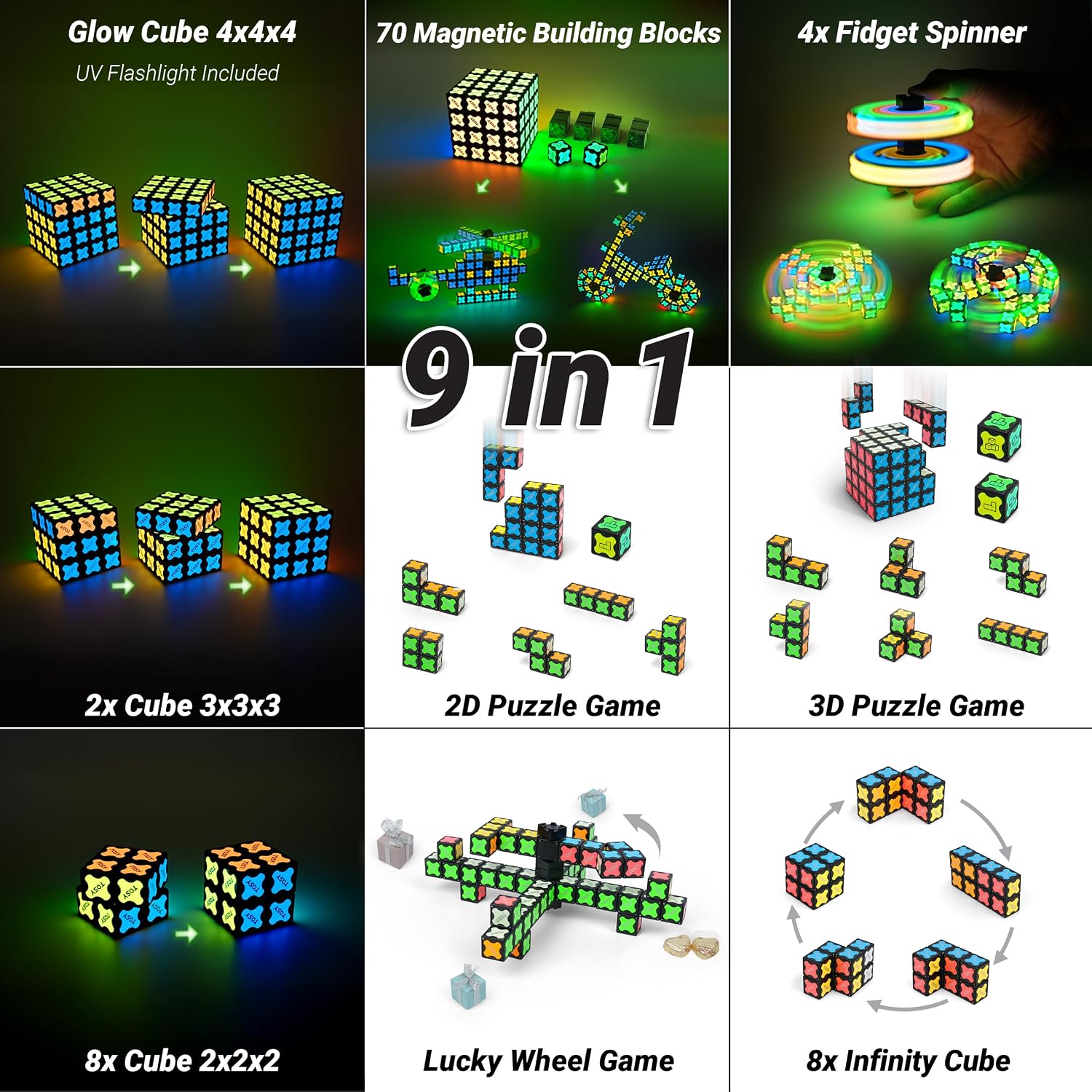 Detalle 2 de TOSY Magnet Cube 4x4 – 560 Magnete, 70 Bausteine, 8-in-1: Puzzlewürfel, Fidget-Spinner, Infinity Cube und mehr