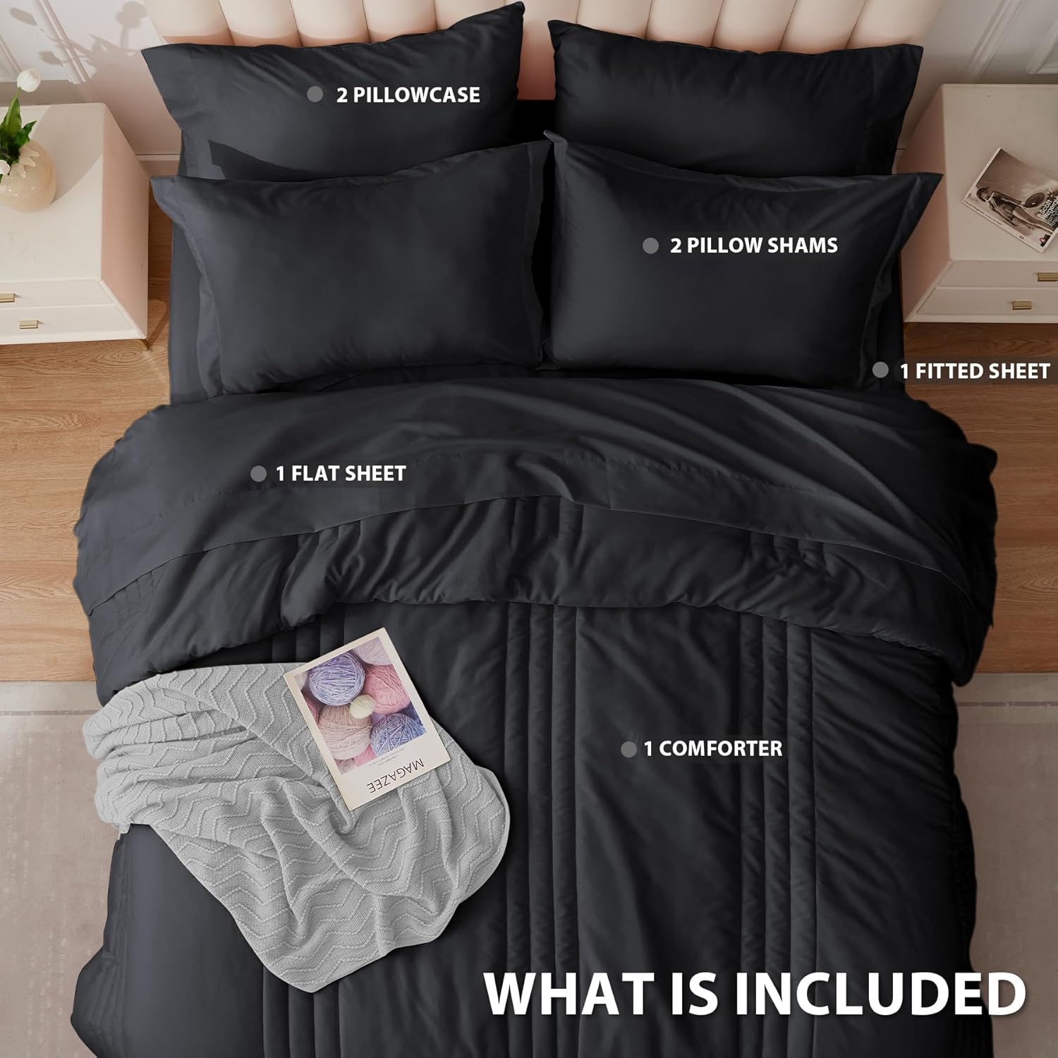 Thumbnail 3 de Velorose Queen Comforter Set Black – 7-Piece Bed in a Bag for All Seasons
