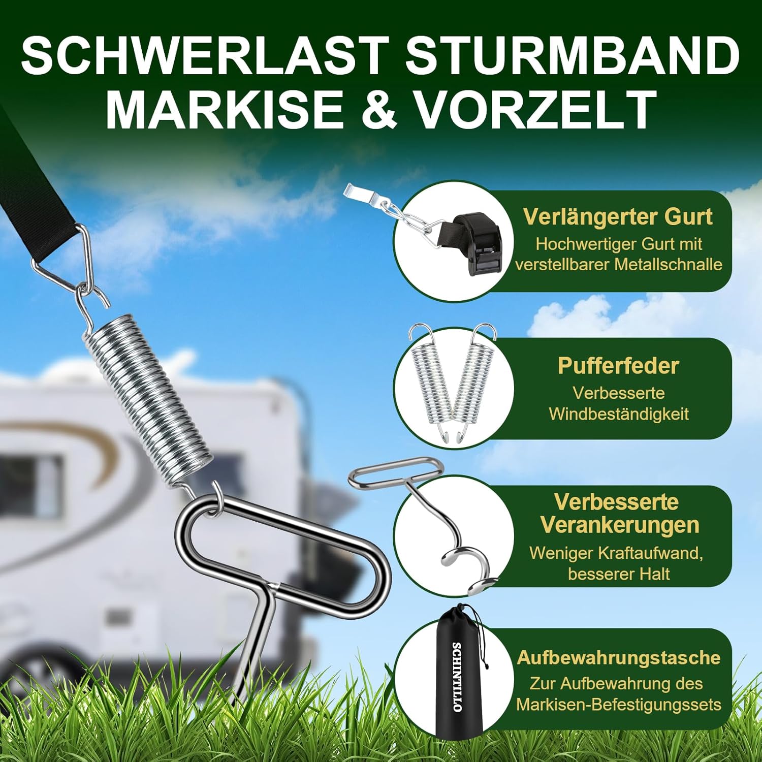 Thumbnail 3 de SCHINTILLO 2026 Verbessertes Sturmband Markisenhalter-Set für Thule Omnistor inkl. Bodenanker (39 cm) und Zurrgurten