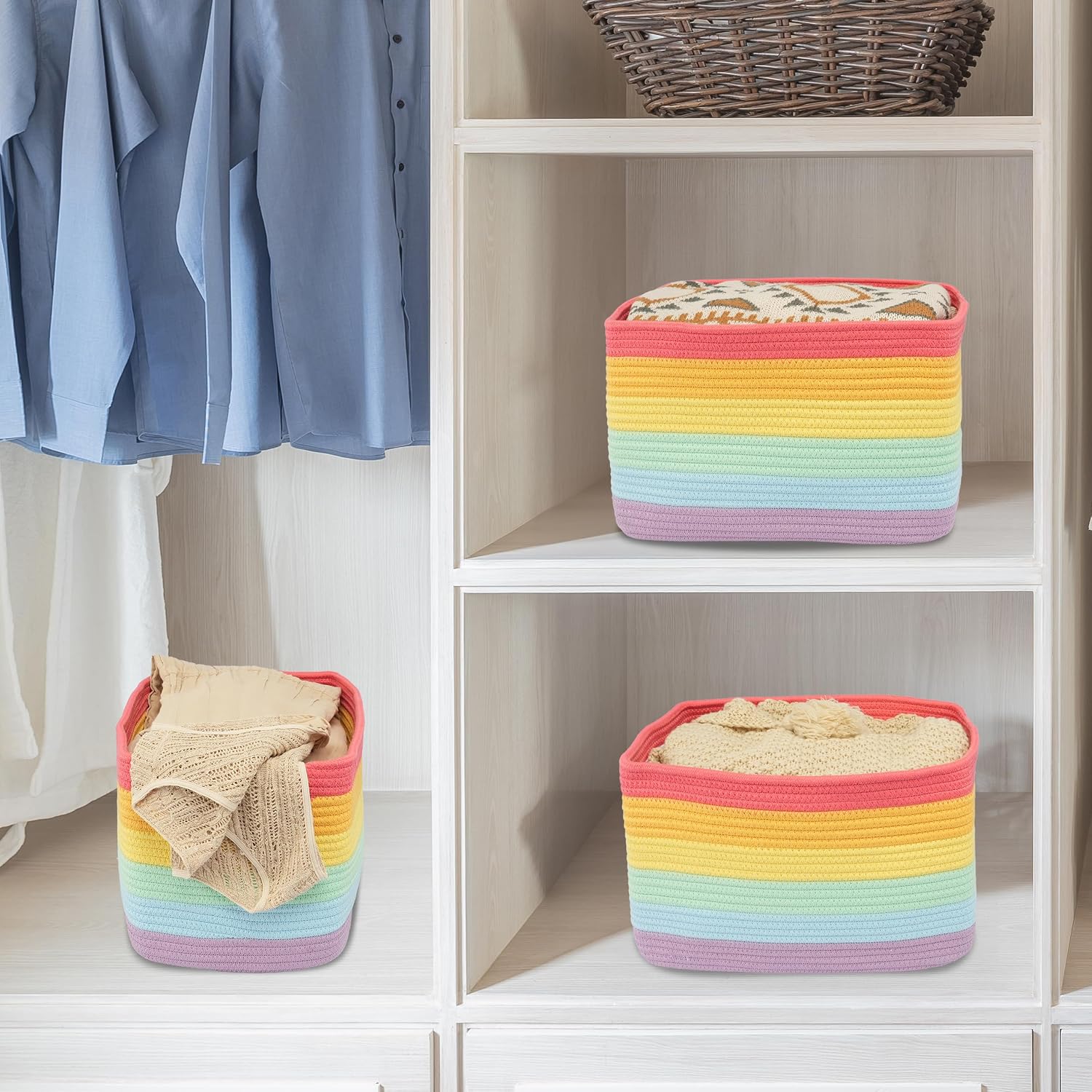 Detalle de XUANGUO LBG-0001 Woven Cotton Rope Storage Baskets, 3-Pack, Rainbow