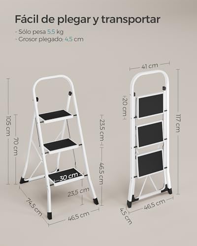 Thumbnail 5 de SONGMICS GSL03WT: escalera de tijera plegable con 3 peldaños y bloqueo de seguridad