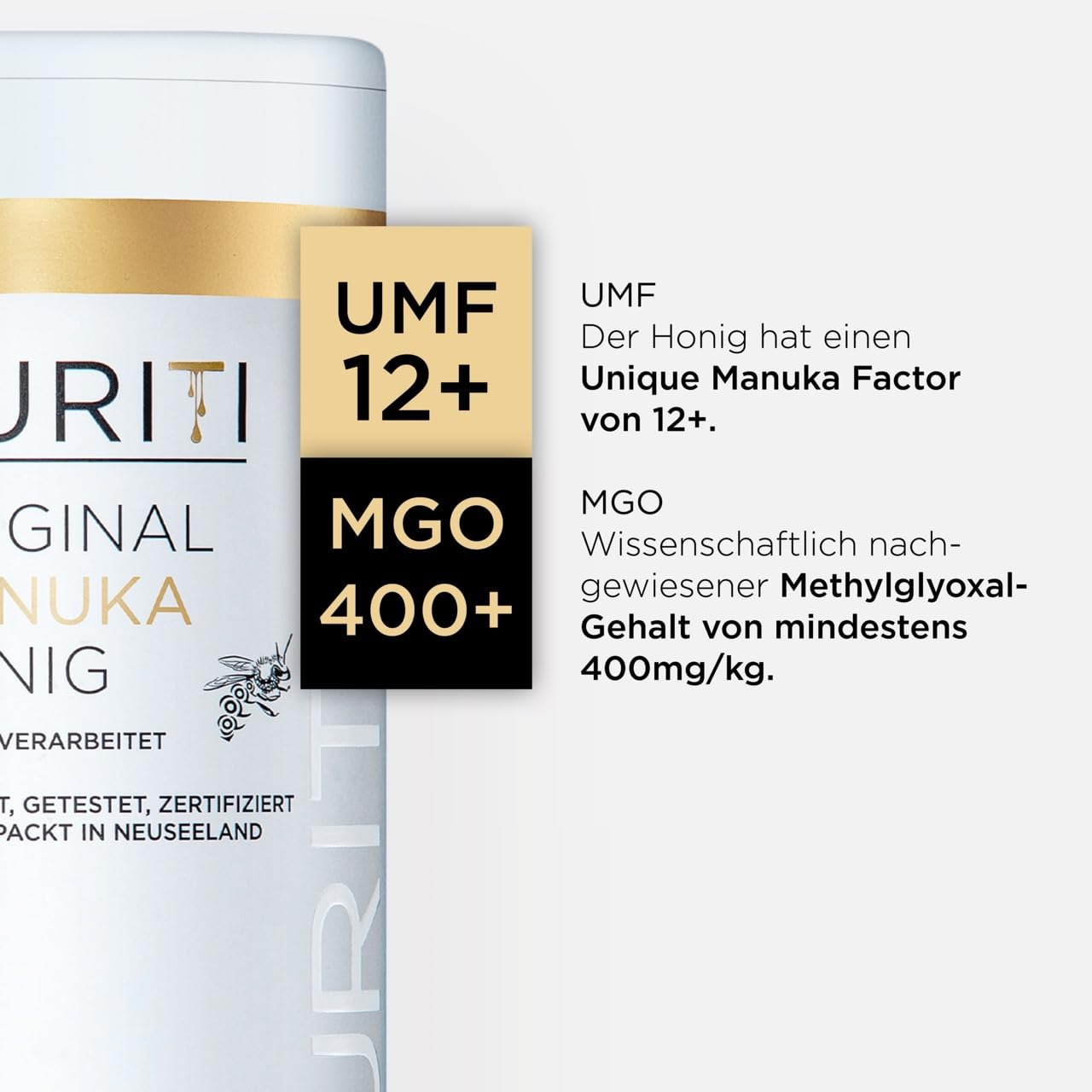 Detalle de PURITI Manuka Honig MGO 400+ 500 g aus Neuseeland – laborgeprüft, direktimportiert, frei von Zusatzstoffen