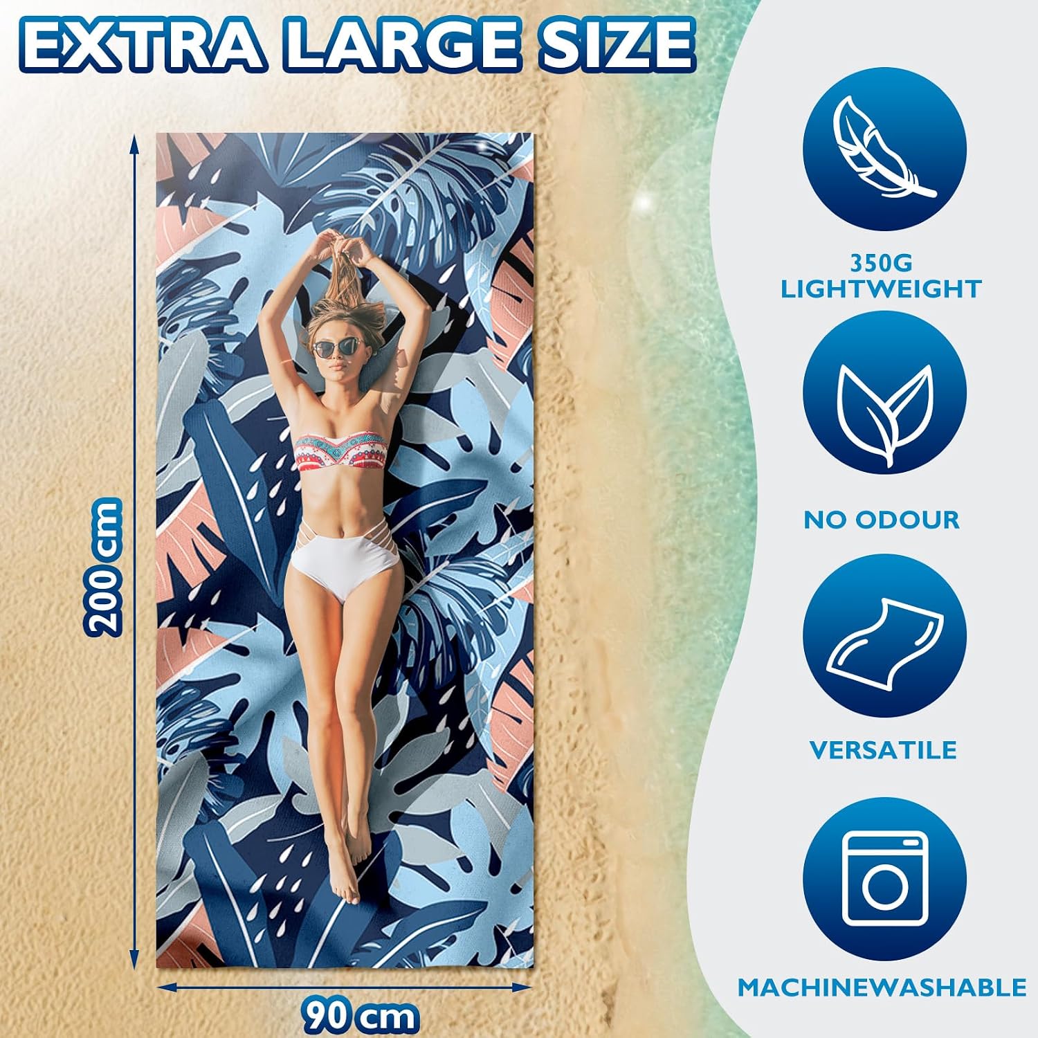 Detalle de Giyim Beach Towels - 2 Pack 200x90cm: Lightweight Microfibre, Double-Sided, Sand Free