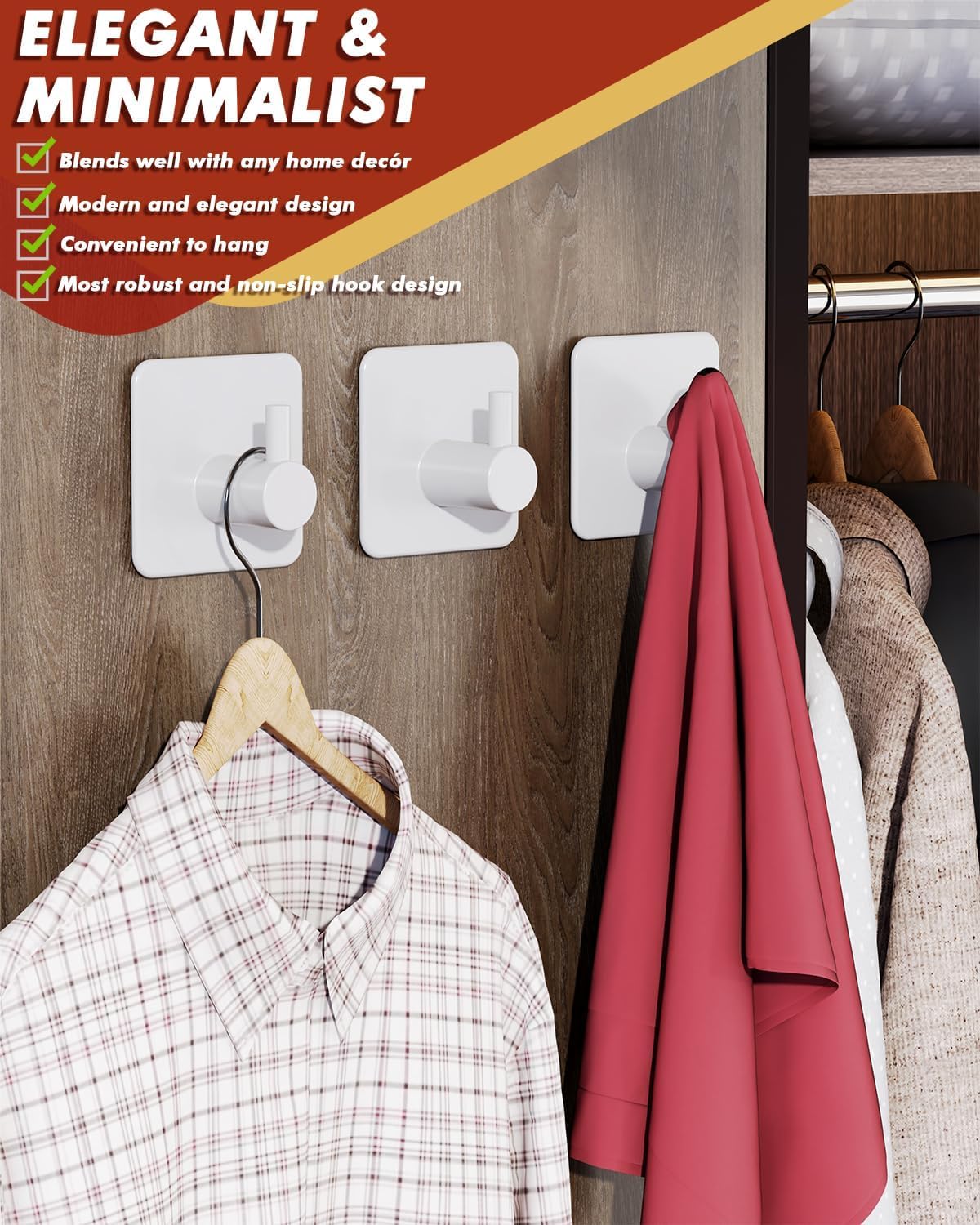 Detalle de Auxmir 5 Pack Self-Adhesive Hooks – Stainless Steel, 10kg, No-Drill Fix, 4.5×4.5cm