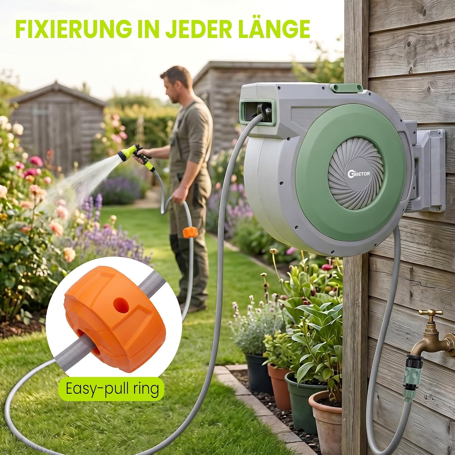 Detalle de Bietor Schlauchtrommel Wasser40m + 2m – Automatischer Wand-Schlauchaufroller mit 180° Schwenkarm und 10-fach Sprühpistole