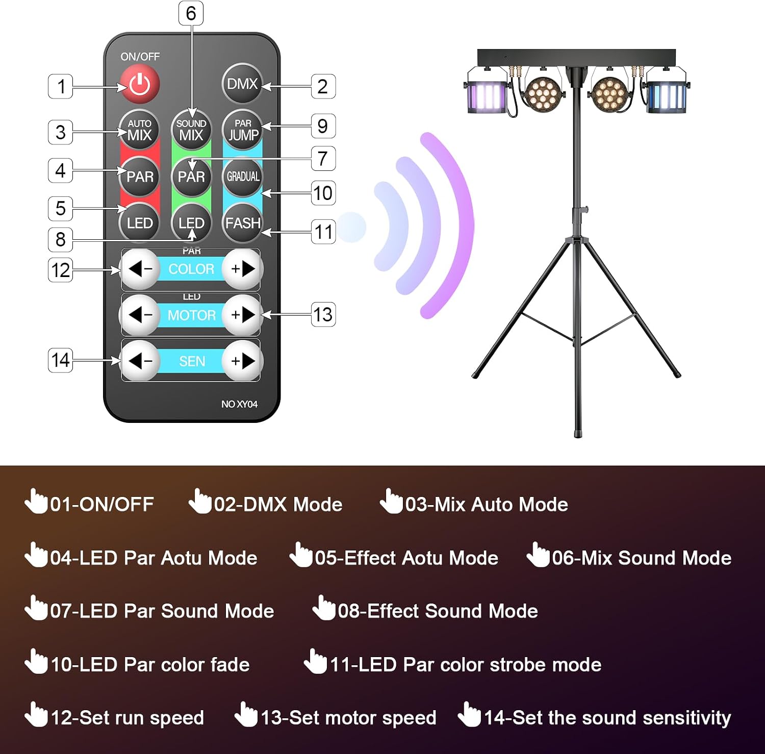 Detalle 2 de Erreyht MYH-1447 DJ-lichtset met Derby- en RGBW-effecten, DMX en afstandsbediening
