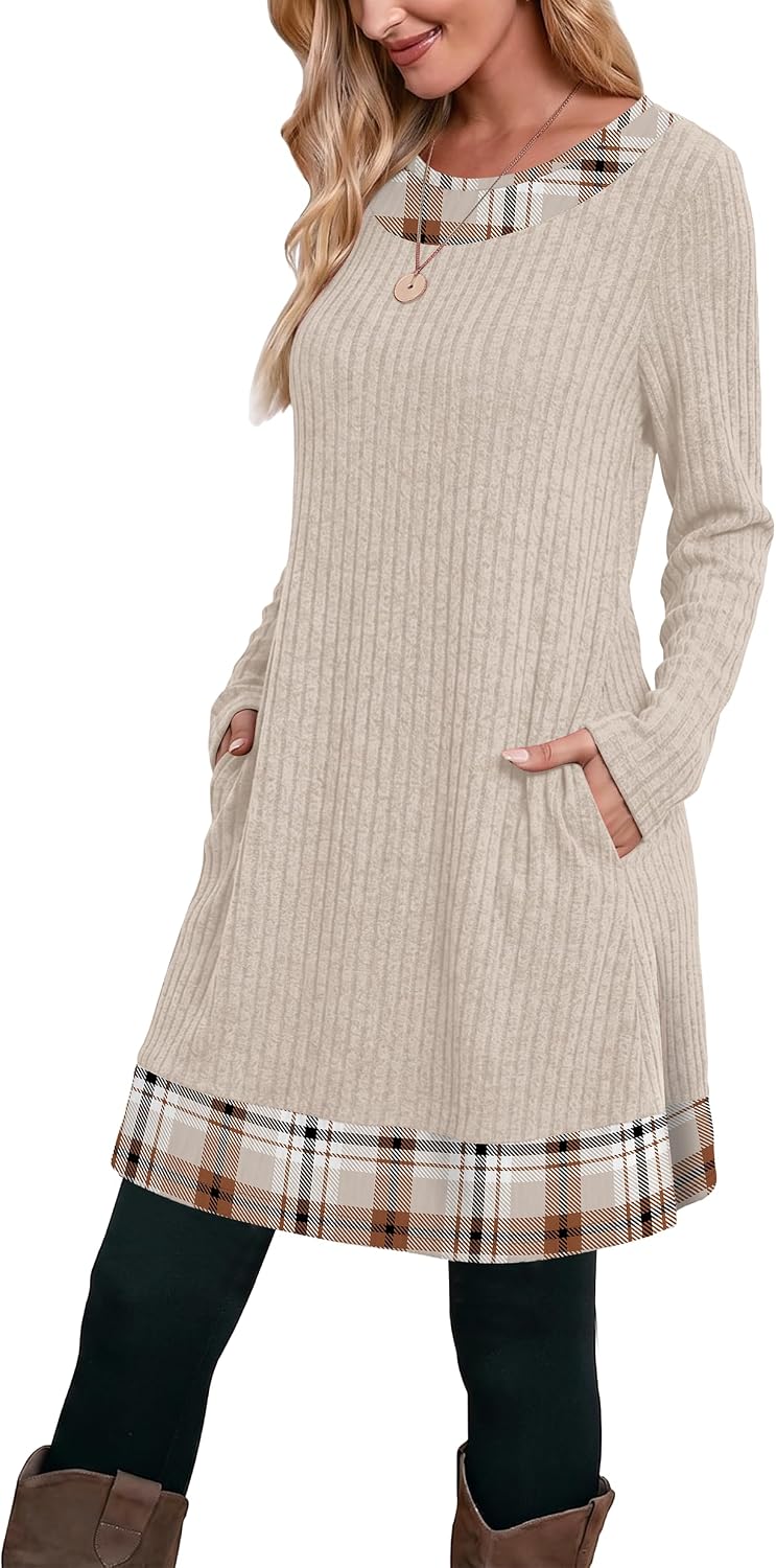 Detalle 2 de OFEEFAN Women's Color-Block Long-Sleeve Sweater Dress with Side Pockets