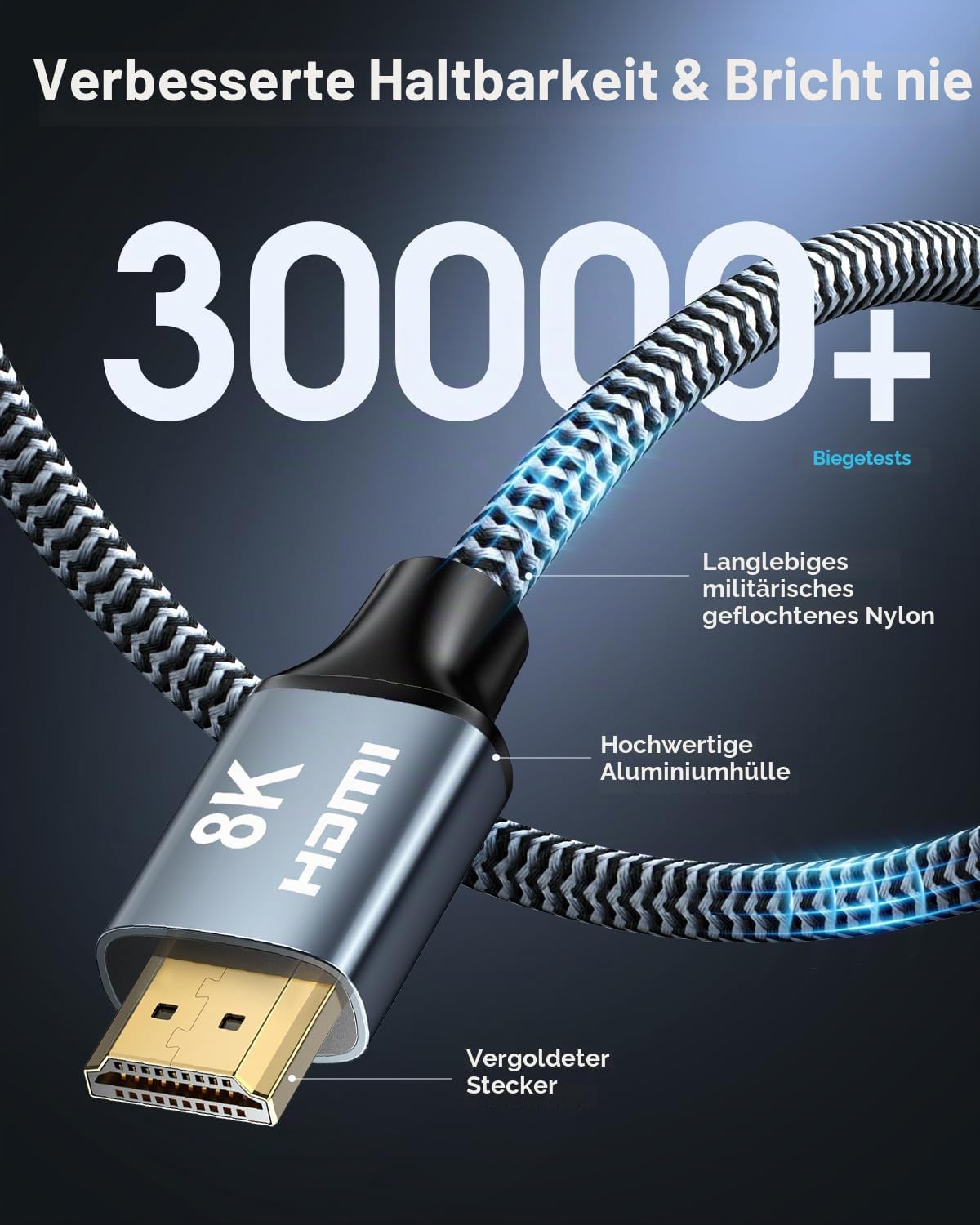 Detalle 2 de CABNEER HDMI 2.1 Kabel 8K 48 Gbit/s, 4 m – für 8K@60Hz, 4K@120Hz, eARC & HDR