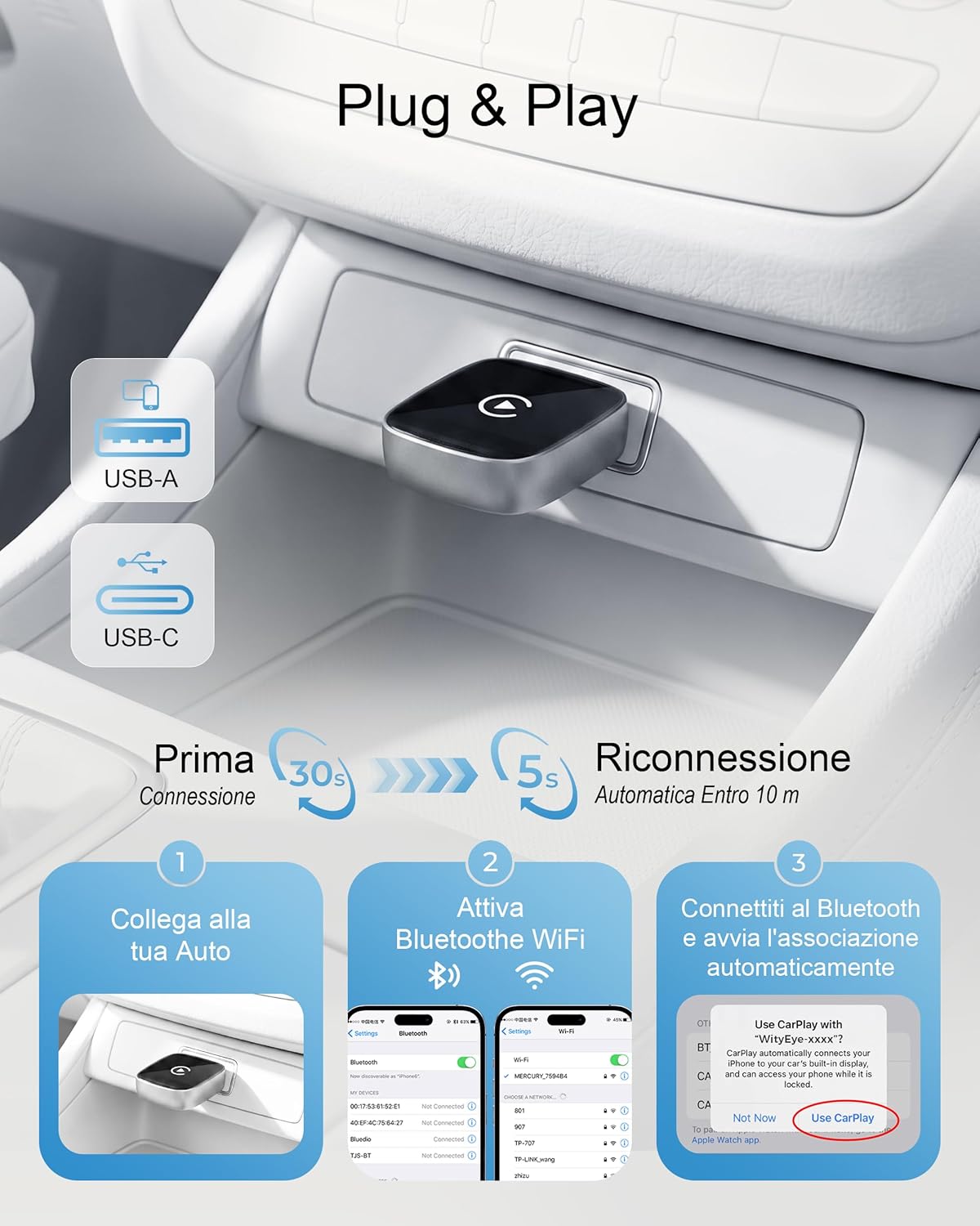 Detalle 2 de WityEye Adattatore CarPlay Wireless: CarPlay wireless stabile per iPhone, facile da usare