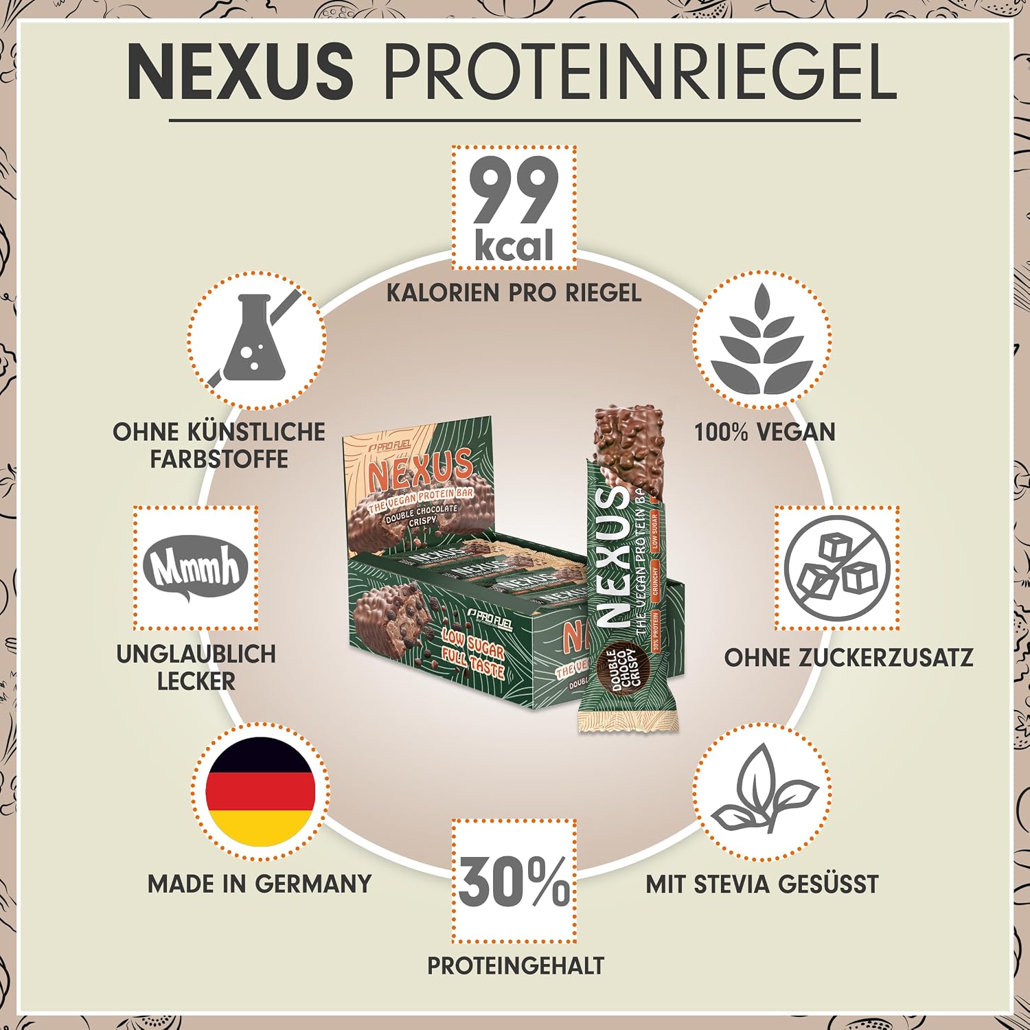Detalle 2 de NEXUS Protein Bar DOUBLE CHOCO CRISPY 12x30g Riegel 🍫