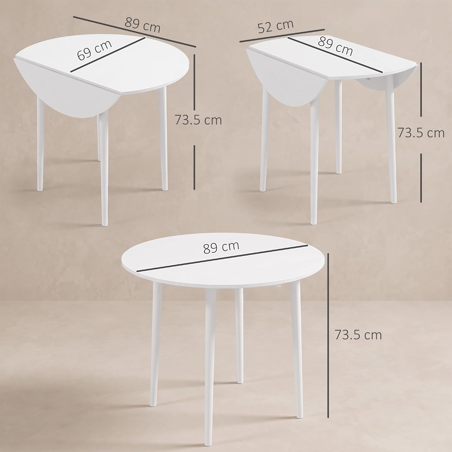 Detalle de HOMCOM 83A-111V80WT Folding Dining Table, White Round Drop-Leaf Design