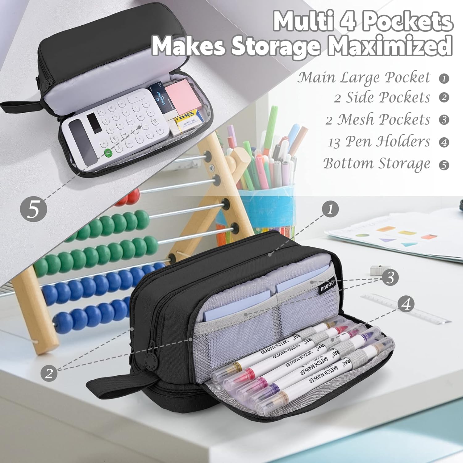 Detalle de Howala Large Capacity Pencil Case with 4 Compartments (Black canvas pouch)